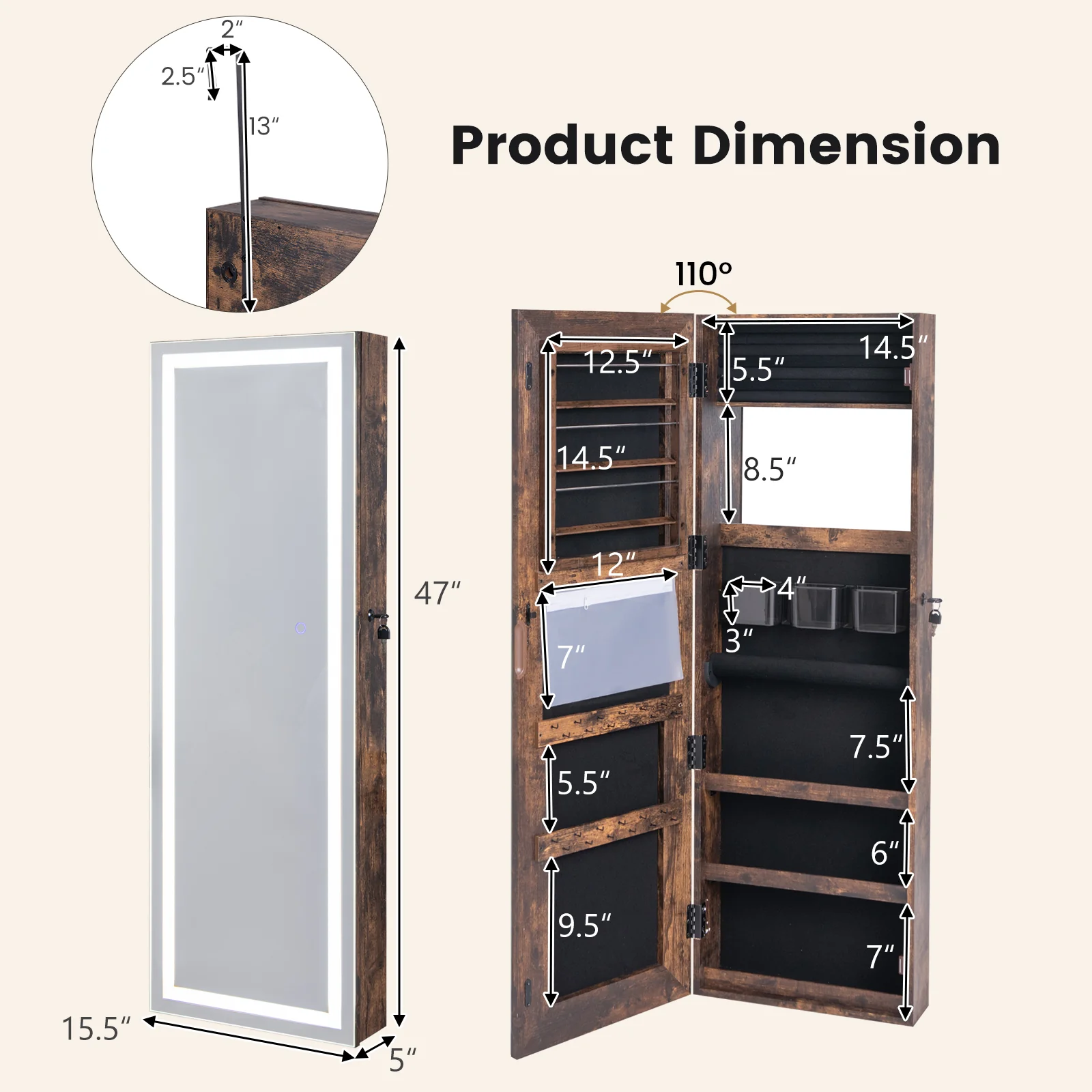 Mirrored Jewelry Armoire, Full Length Mirror, 2 LED Lights, Rustic Brown - Image 5