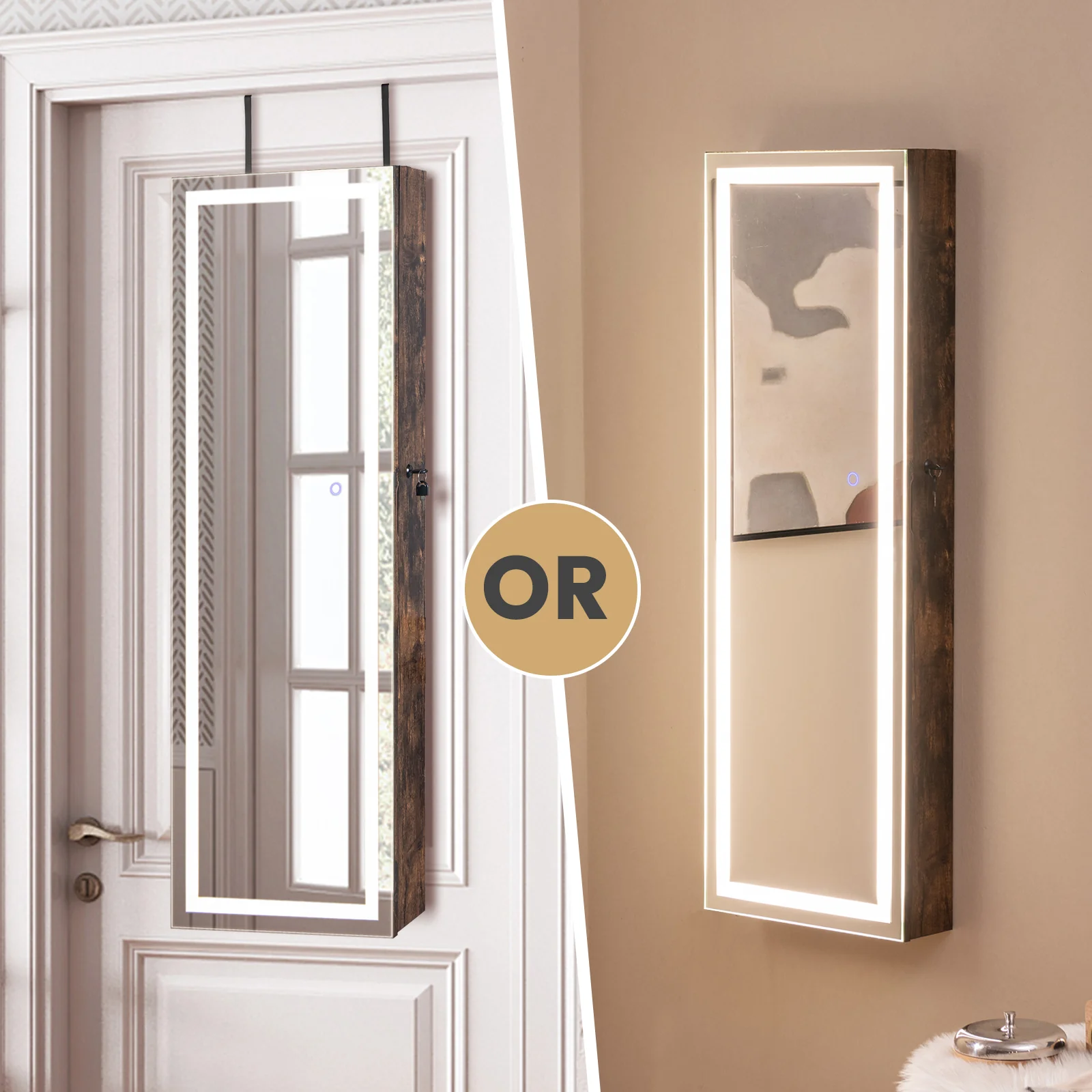 Mirrored Jewelry Armoire, Full Length Mirror, 2 LED Lights, Rustic Brown - Image 6