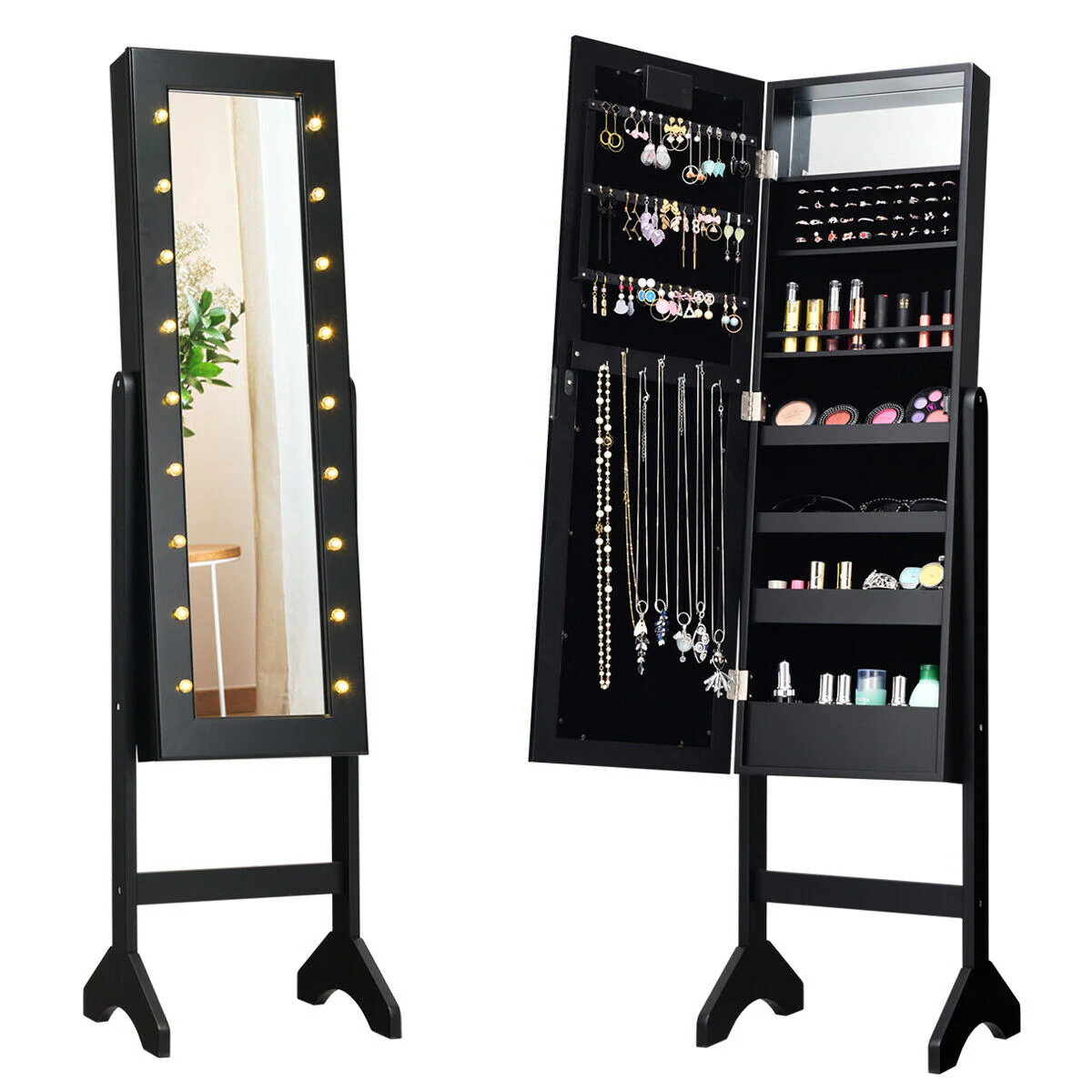 Mirrored Jewelry Cabinet Armoire Organizer, Black