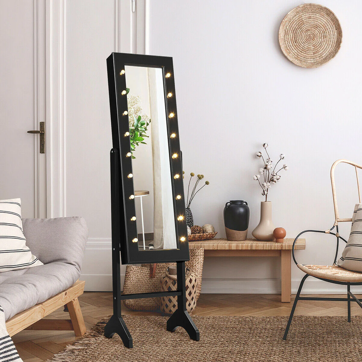 Mirrored Jewelry Cabinet Armoire Organizer, Black - Image 2