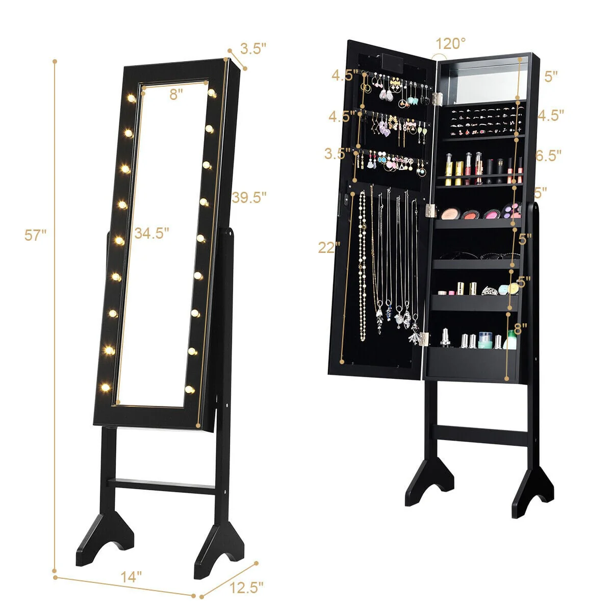 Mirrored Jewelry Cabinet Armoire Organizer, Black - Image 5