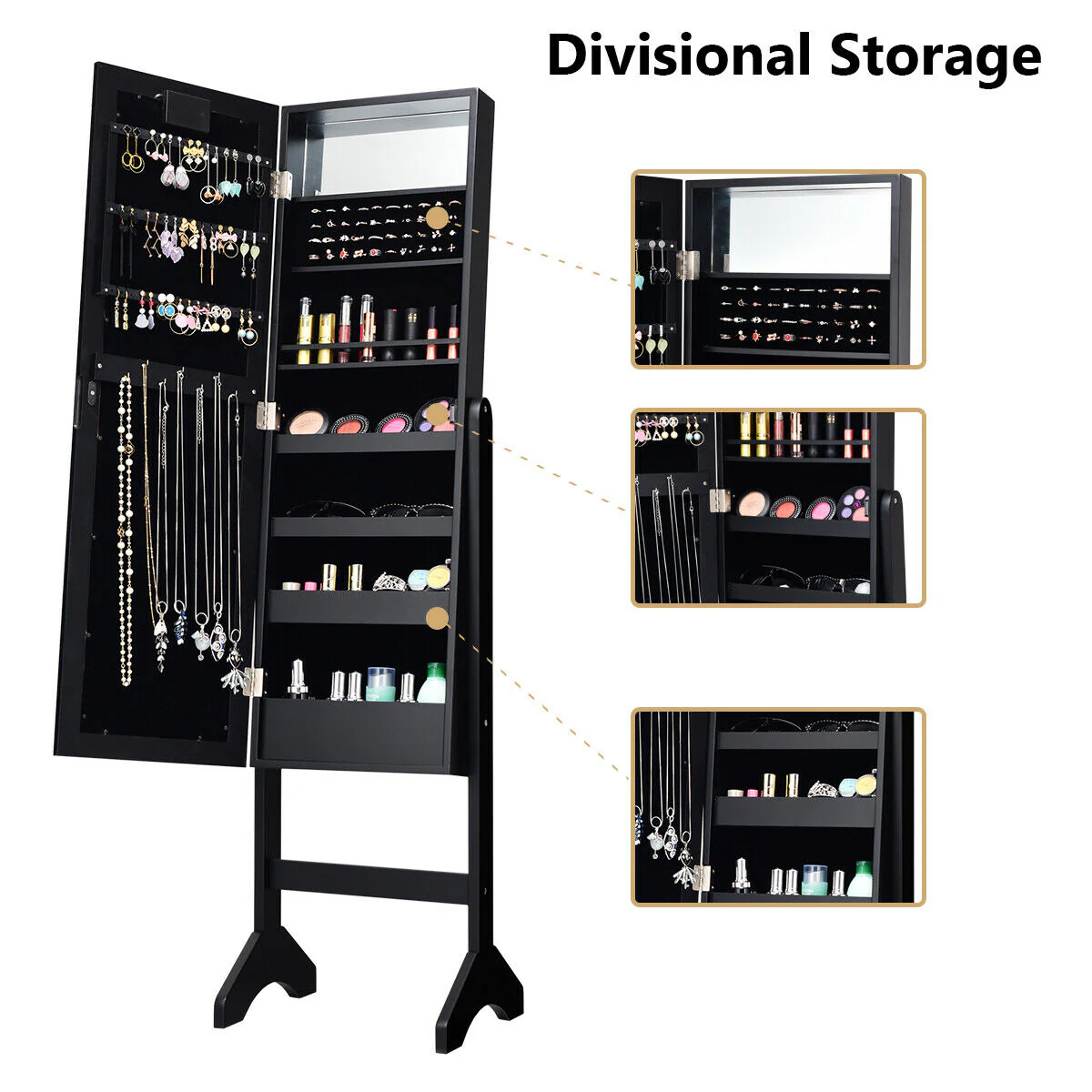Mirrored Jewelry Cabinet Armoire Organizer, Black - Image 6
