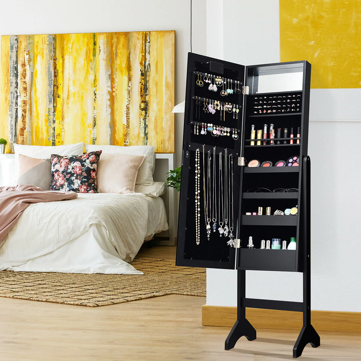 Mirrored Jewelry Cabinet Armoire Organizer, Black - Image 8