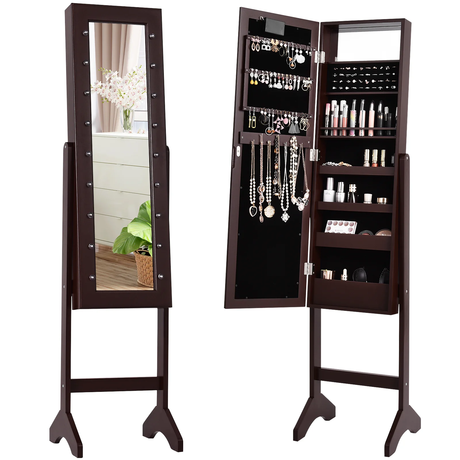 Mirrored Jewelry Cabinet Armoire Organizer, Brown