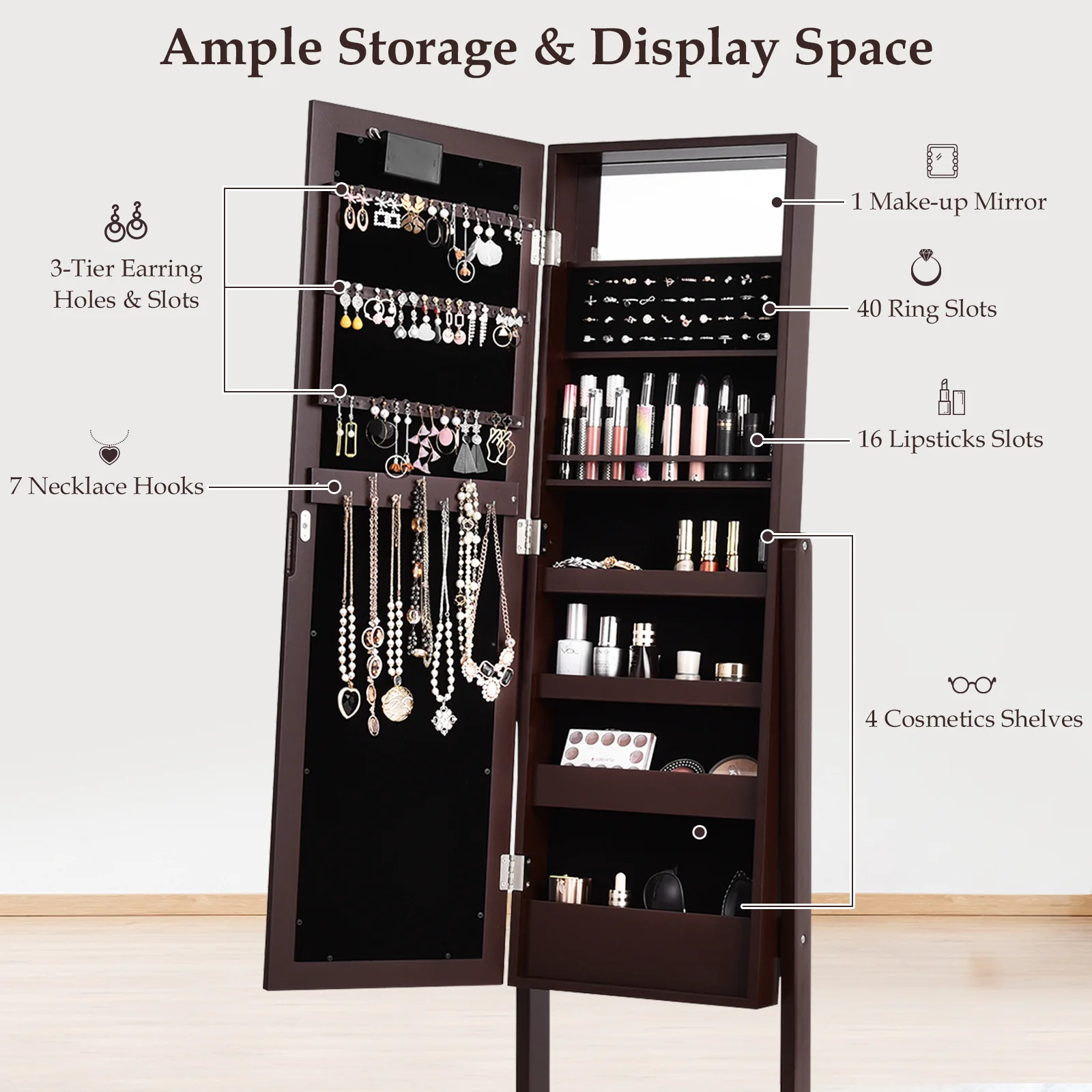 Mirrored Jewelry Cabinet Armoire Organizer, Brown - Image 10