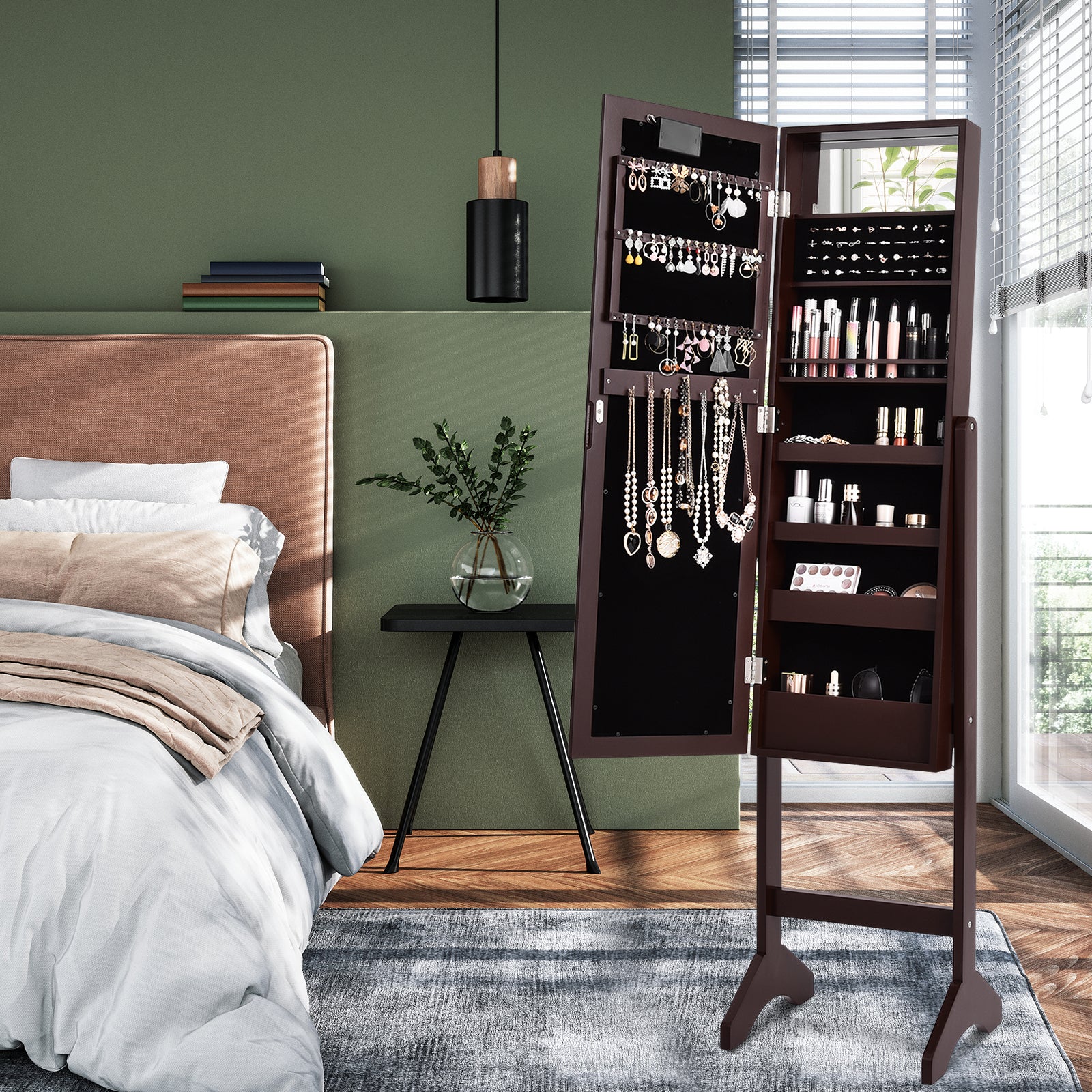 Mirrored Jewelry Cabinet Armoire Organizer, Brown - Image 3