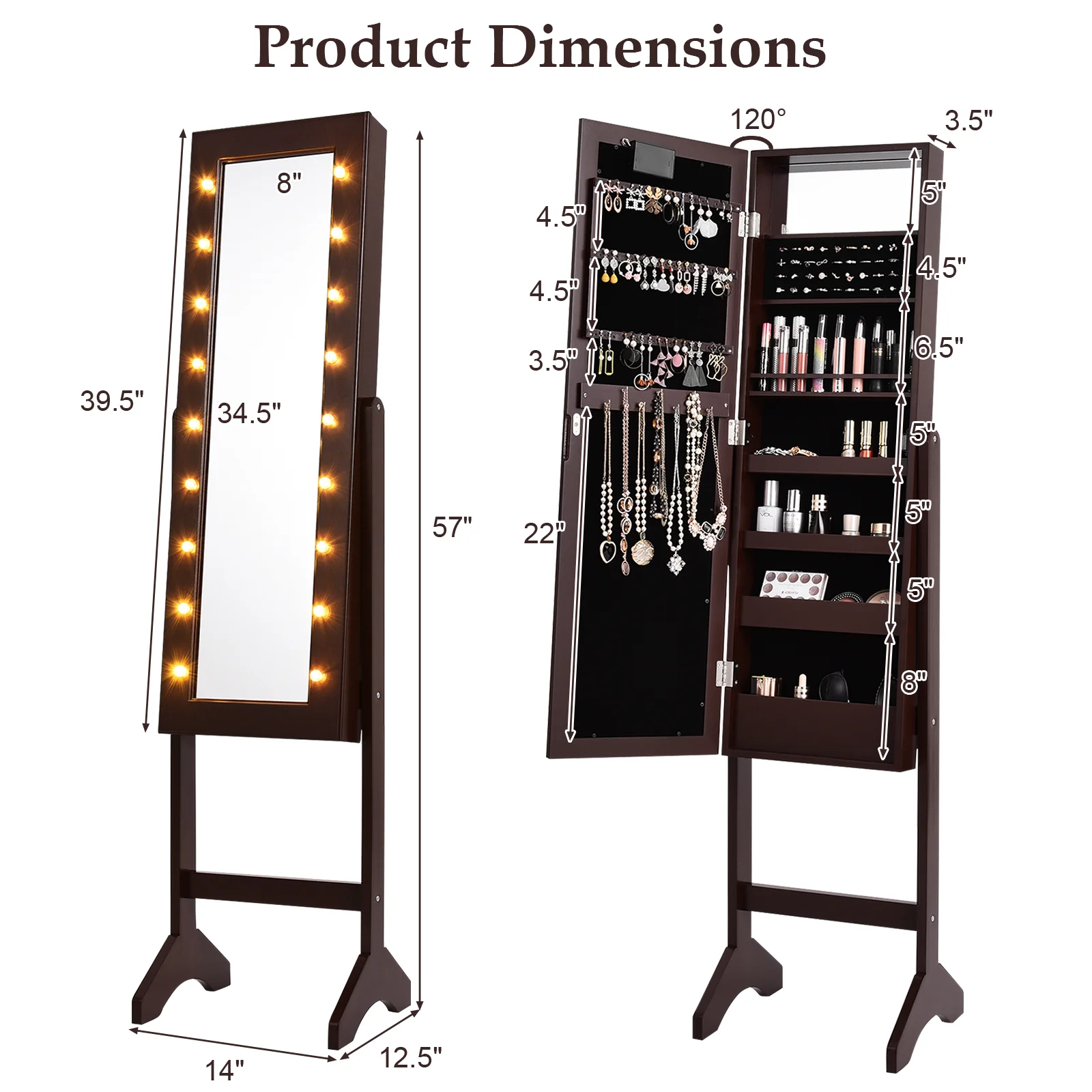Mirrored Jewelry Cabinet Armoire Organizer, Brown - Image 5