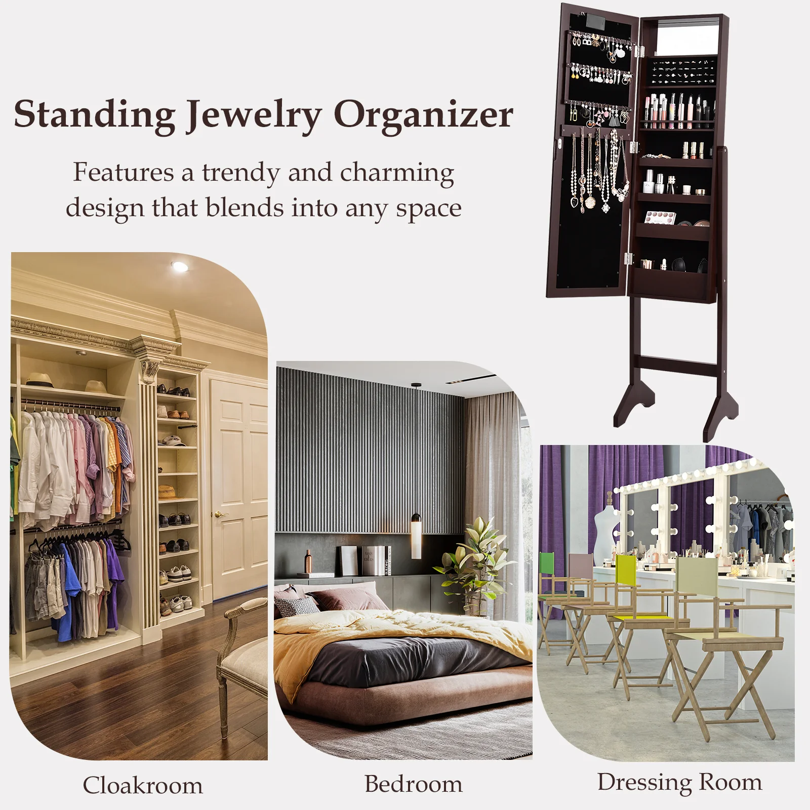 Mirrored Jewelry Cabinet Armoire Organizer, Brown - Image 6