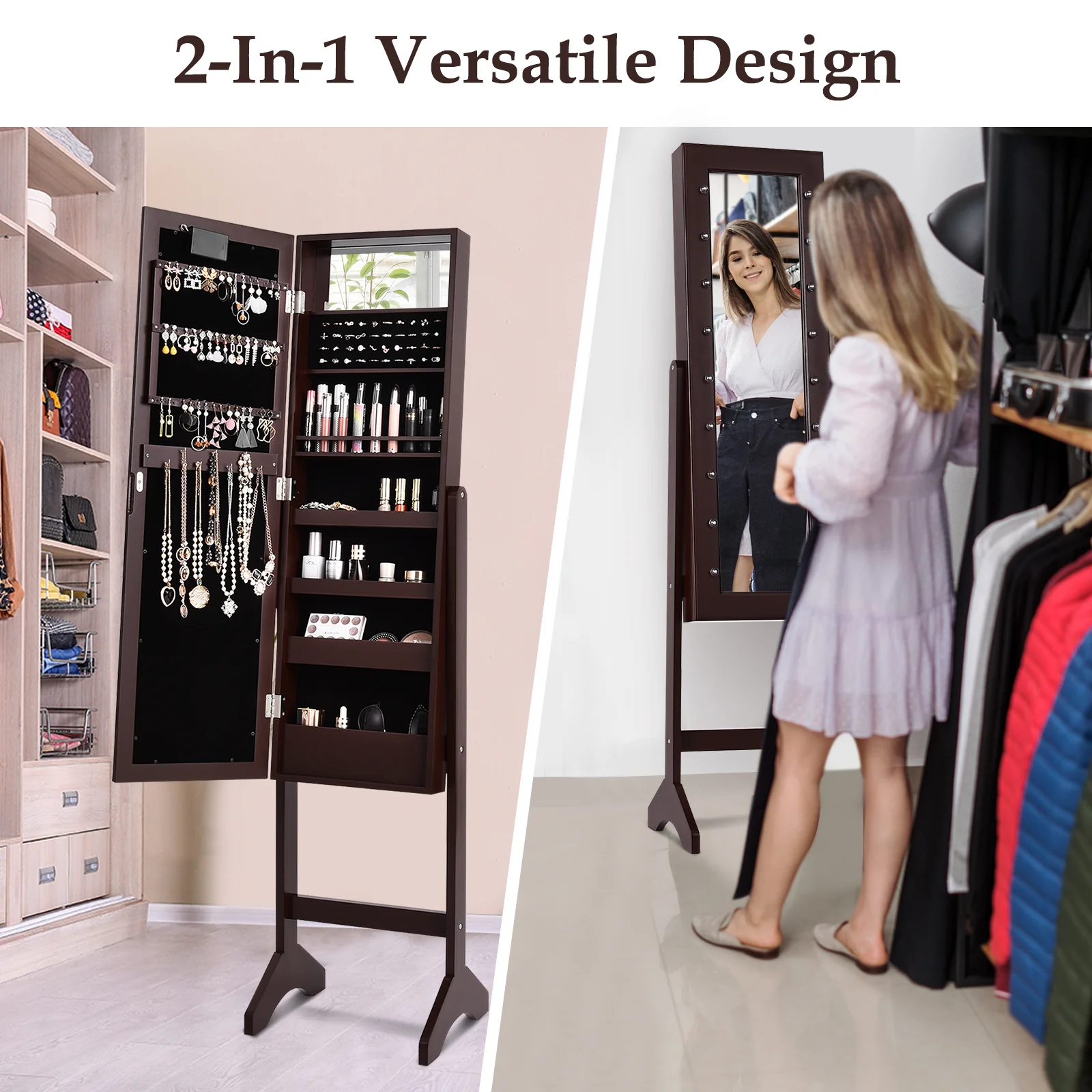 Mirrored Jewelry Cabinet Armoire Organizer, Brown - Image 7