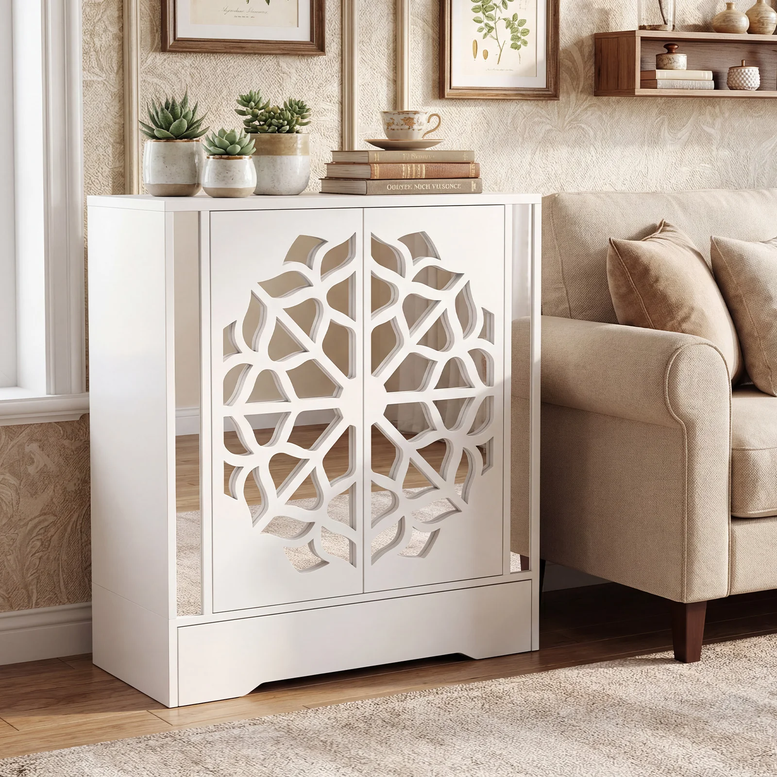 Mirrored Shoe Cabinet, 4-Tier Organizer With Large Drawer, White - Image 2
