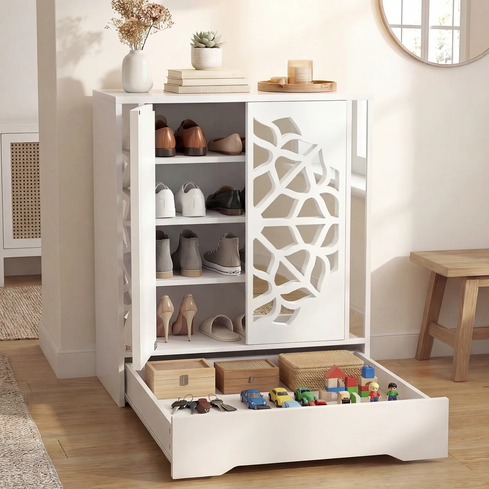 Mirrored Shoe Cabinet, 4-Tier Organizer With Large Drawer, White - Image 3
