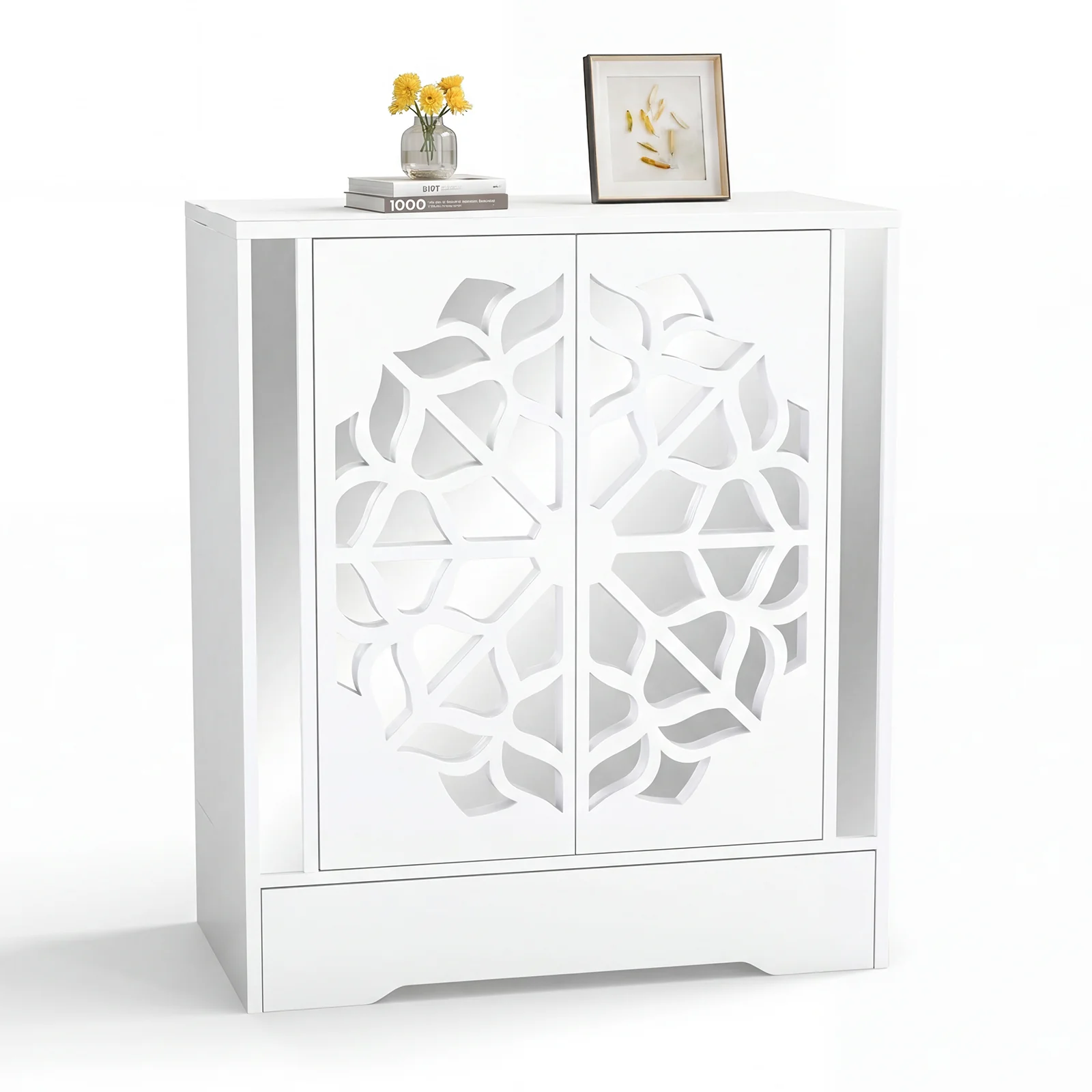 Mirrored Shoe Cabinet, 4-Tier Organizer With Large Drawer, White - Image 4