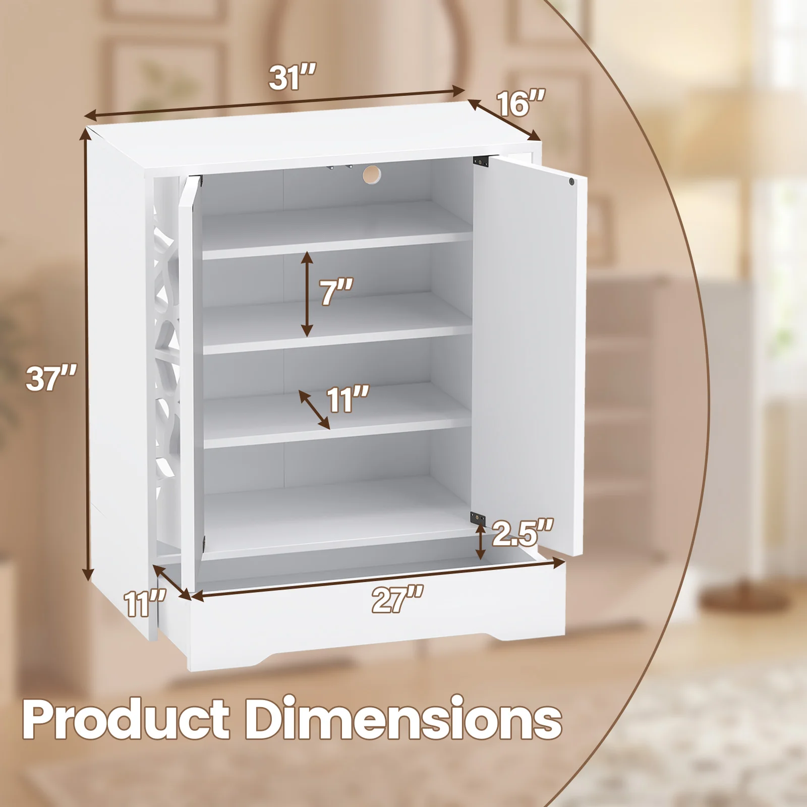 Mirrored Shoe Cabinet, 4-Tier Organizer With Large Drawer, White - Image 6