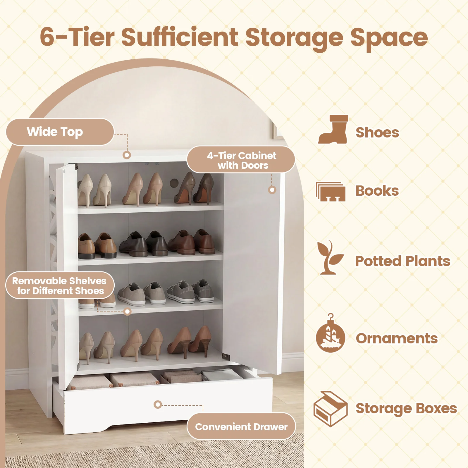 Mirrored Shoe Cabinet, 4-Tier Organizer With Large Drawer, White - Image 7