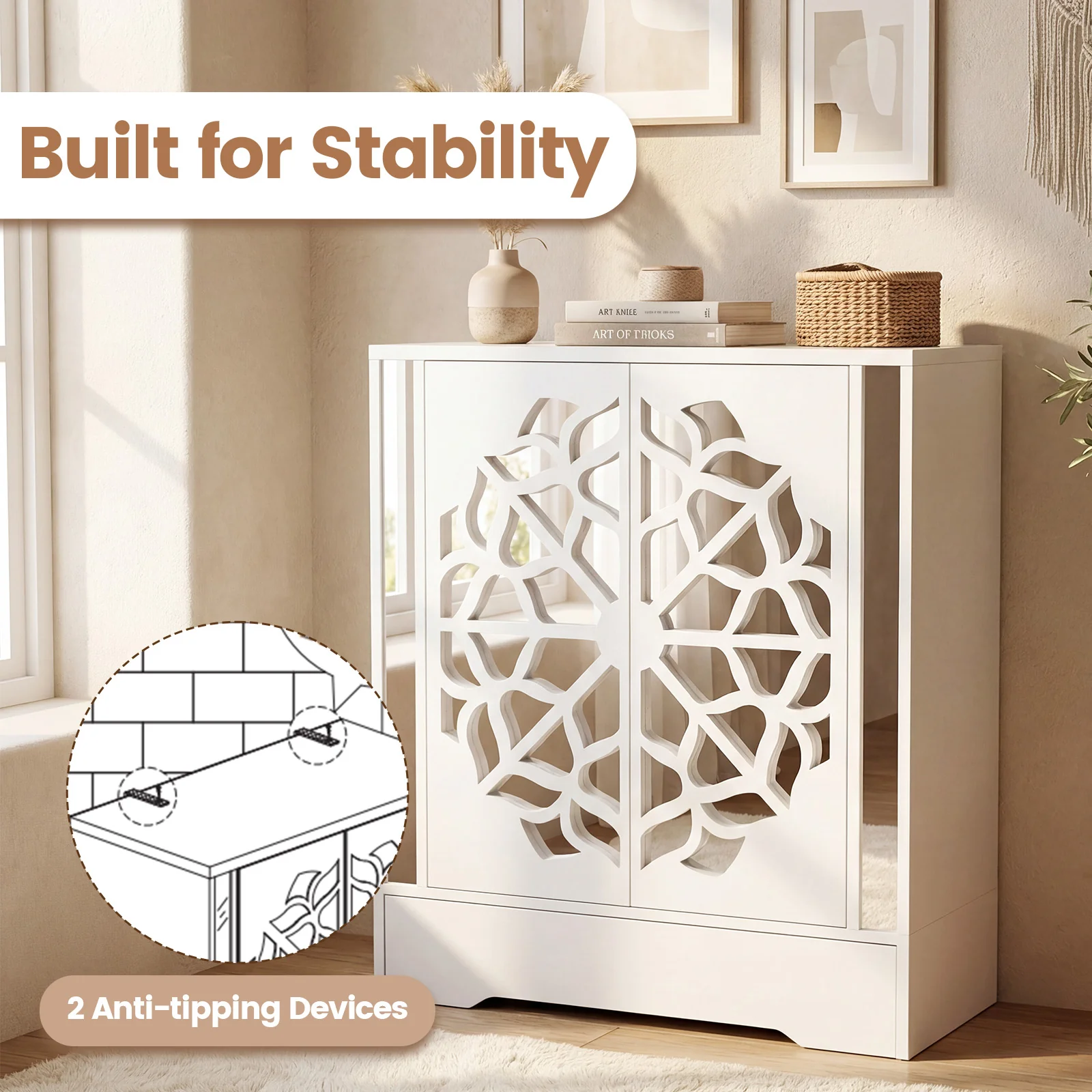 Mirrored Shoe Cabinet, 4-Tier Organizer With Large Drawer, White - Image 9