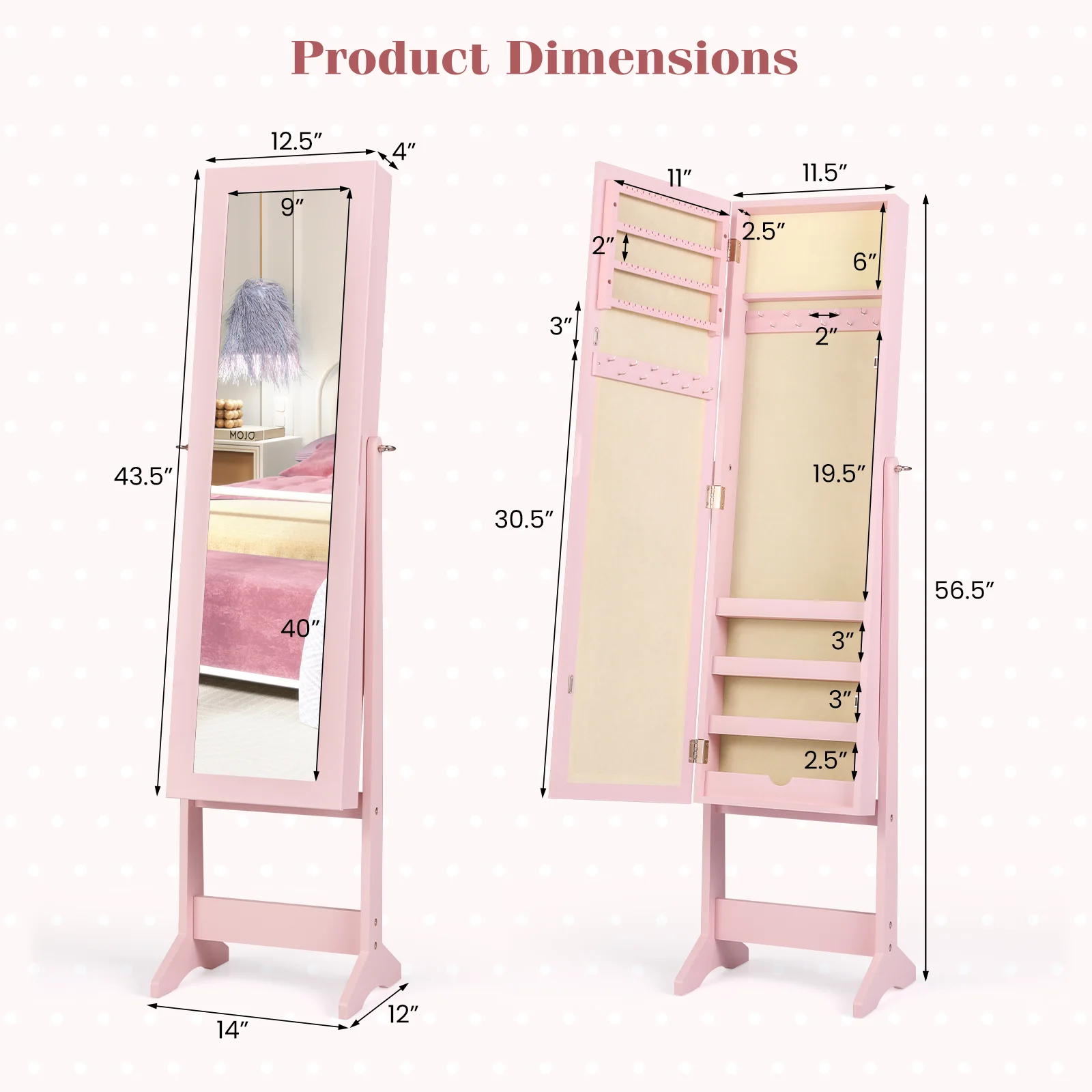 Mirrored Standing Jewelry Cabinet Storage Box, Pink - Image 6