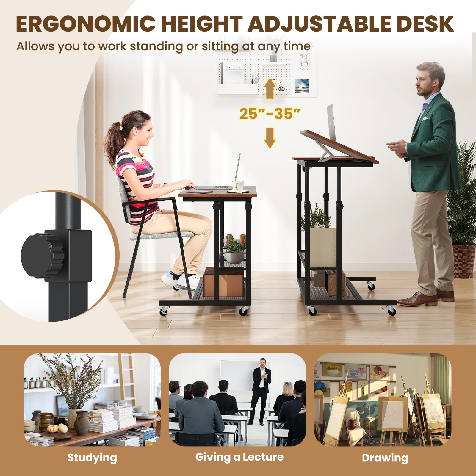 Mobile Height Adjustable Standing Desk, Tilting Tabletop, Brown - Image 10