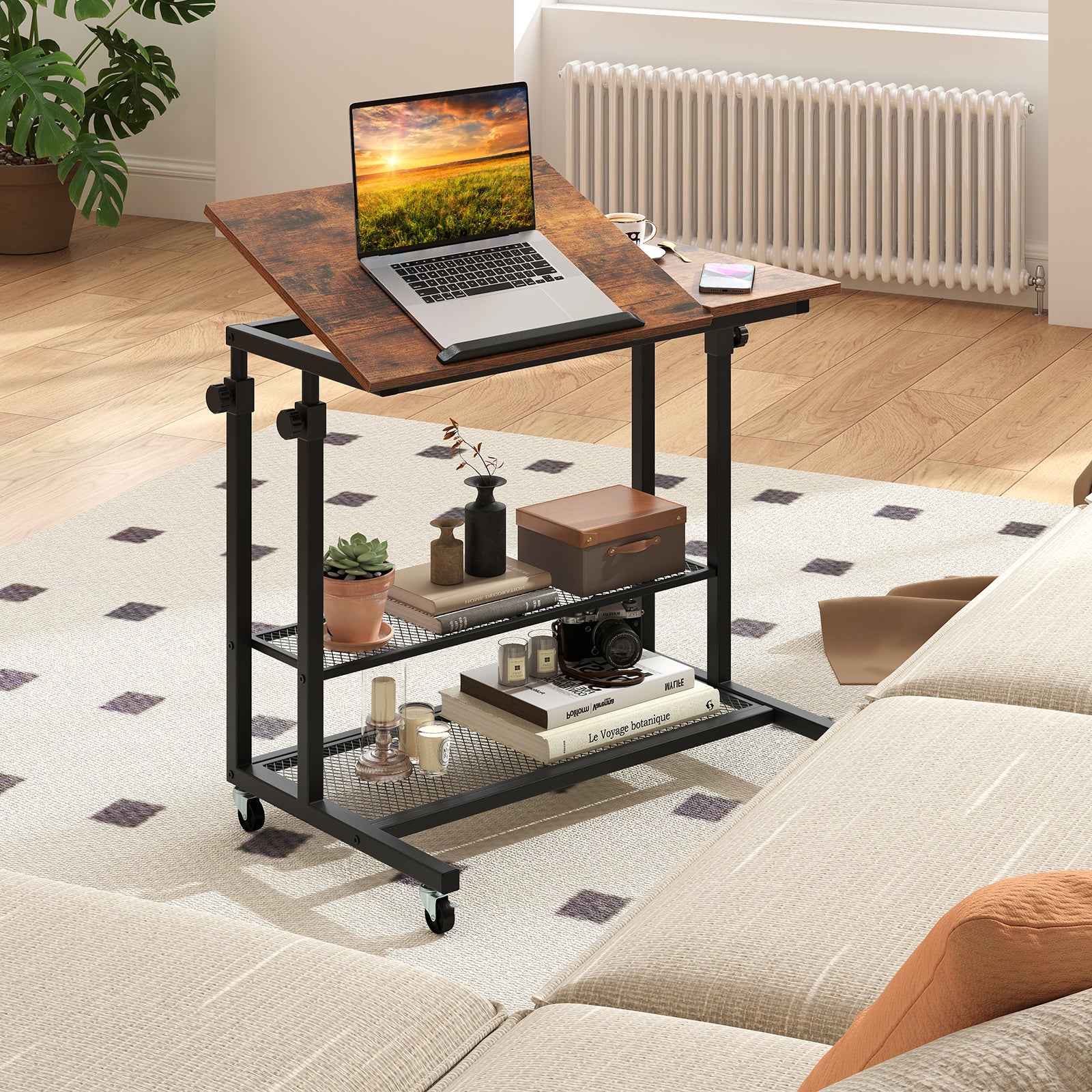 Mobile Height Adjustable Standing Desk, Tilting Tabletop, Brown - Image 2