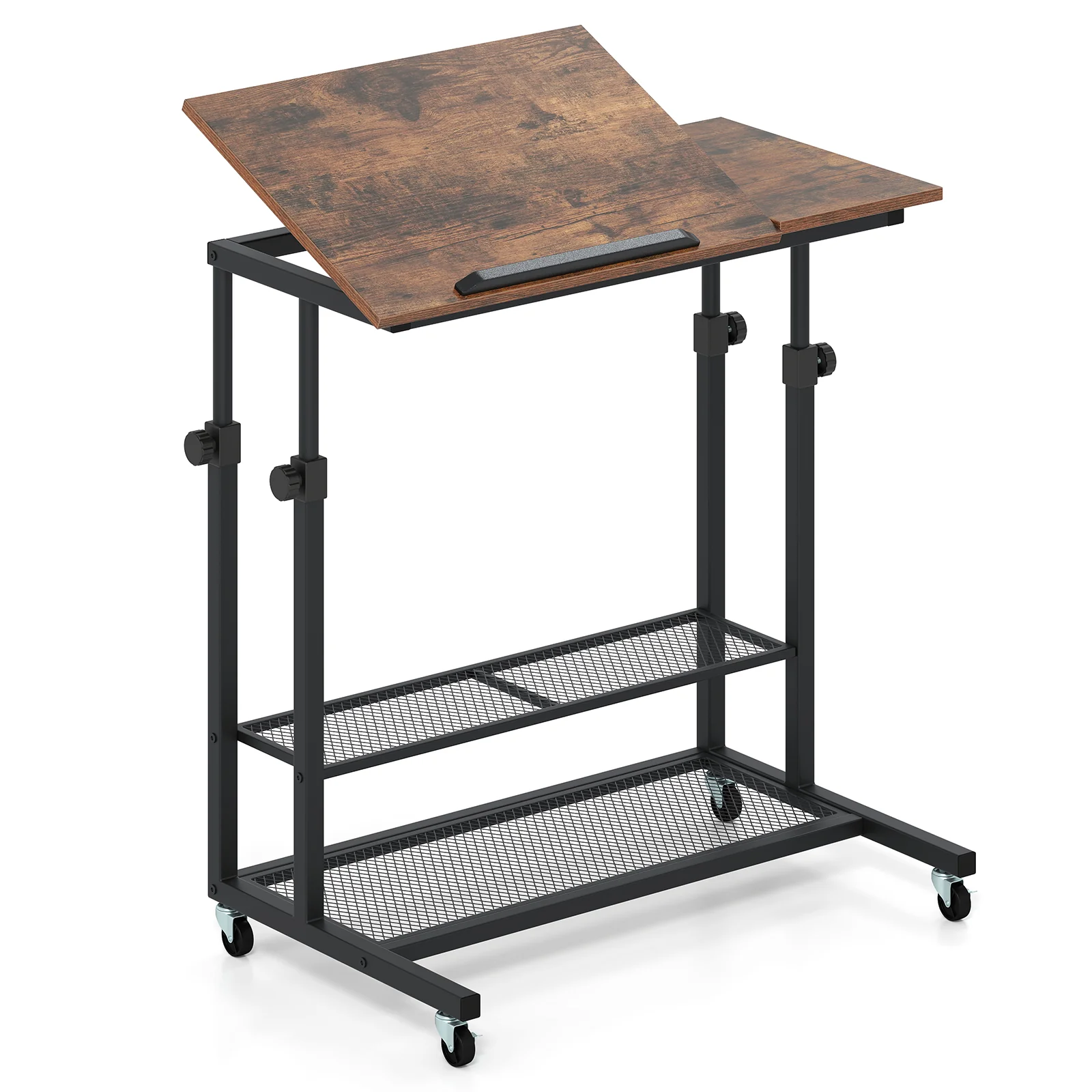 Mobile Height Adjustable Standing Desk, Tilting Tabletop, Brown - Image 5