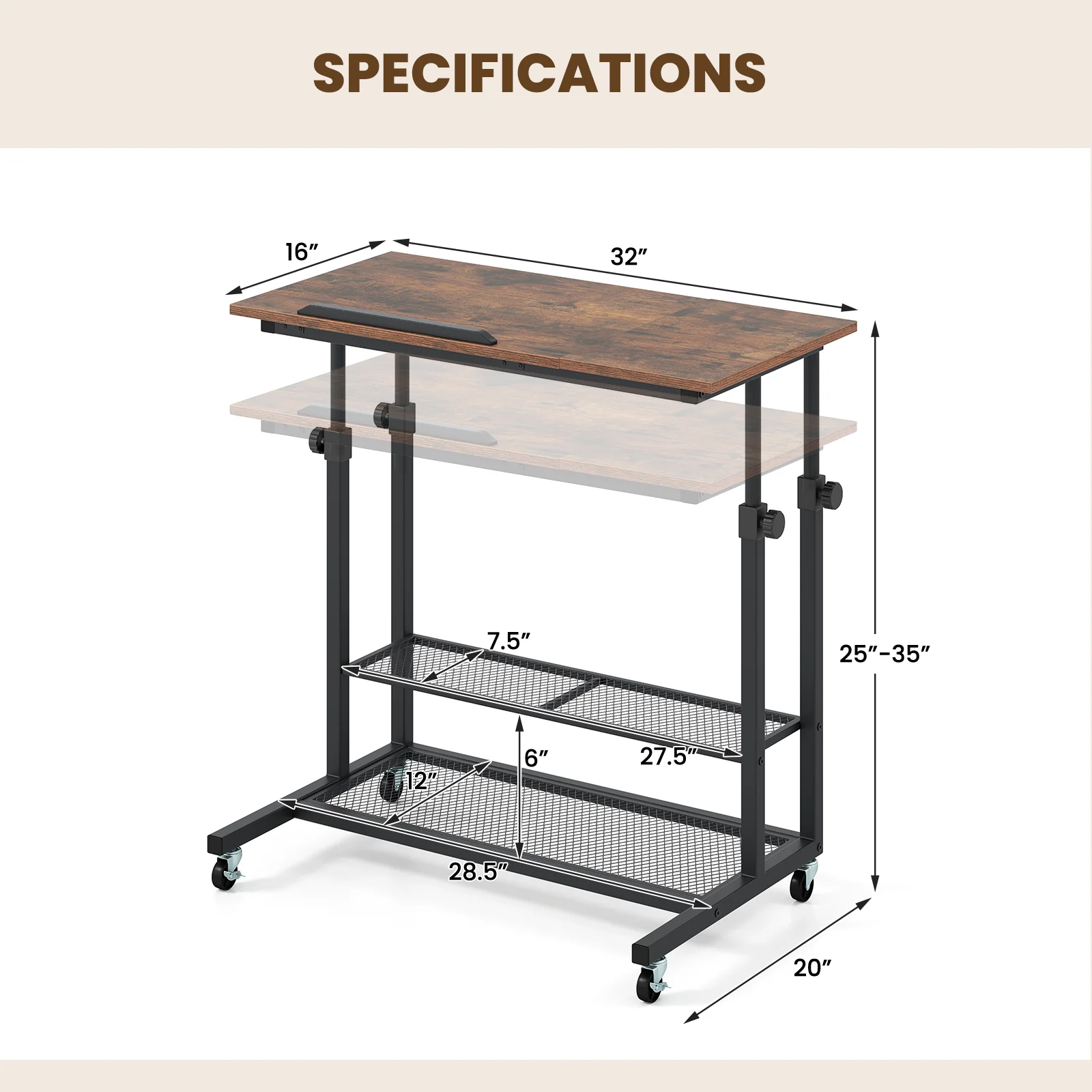 Mobile Height Adjustable Standing Desk, Tilting Tabletop, Brown - Image 6