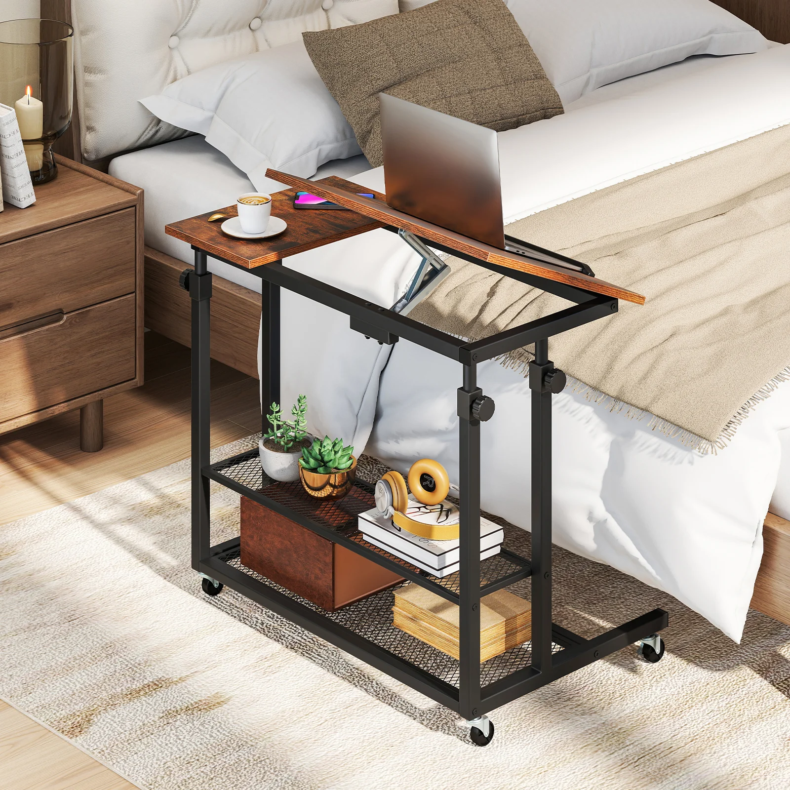 Mobile Height Adjustable Standing Desk, Tilting Tabletop, Brown - Image 7