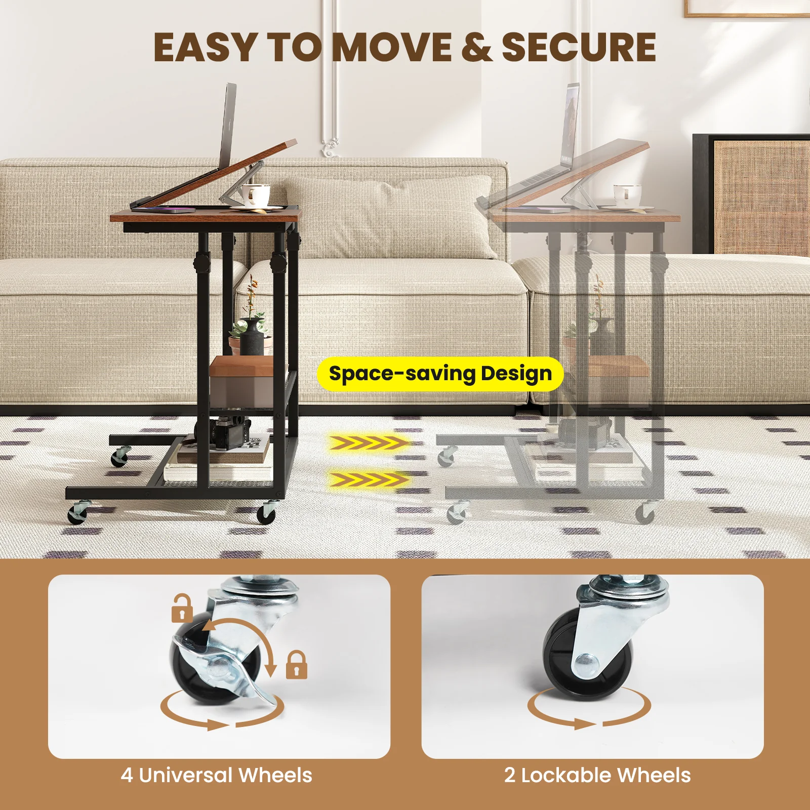 Mobile Height Adjustable Standing Desk, Tilting Tabletop, Brown - Image 8