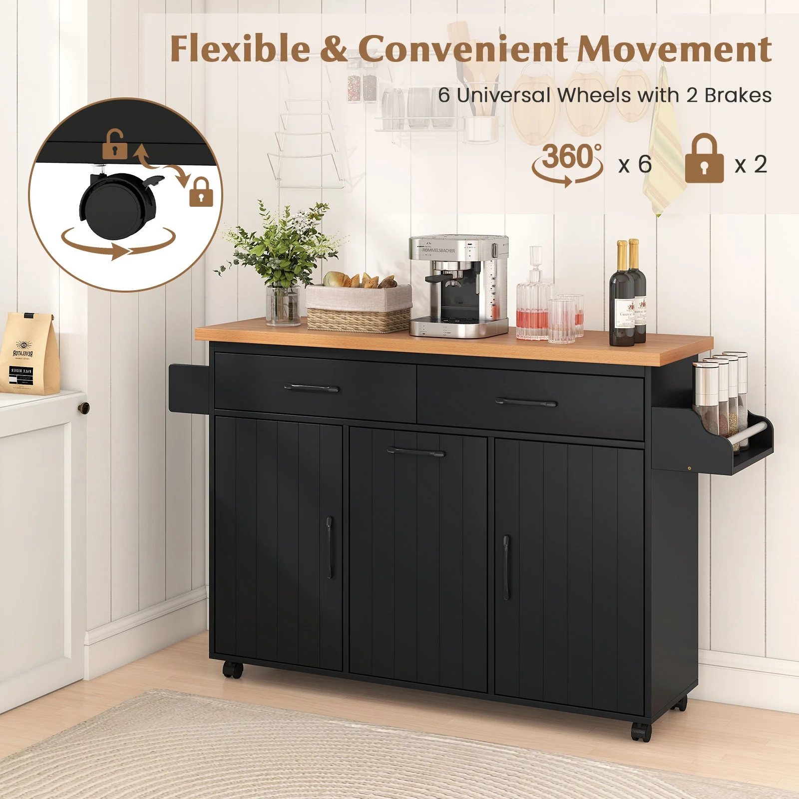 Mobile Kitchen Island Table With Trash Bag Storage, Black - Image 10