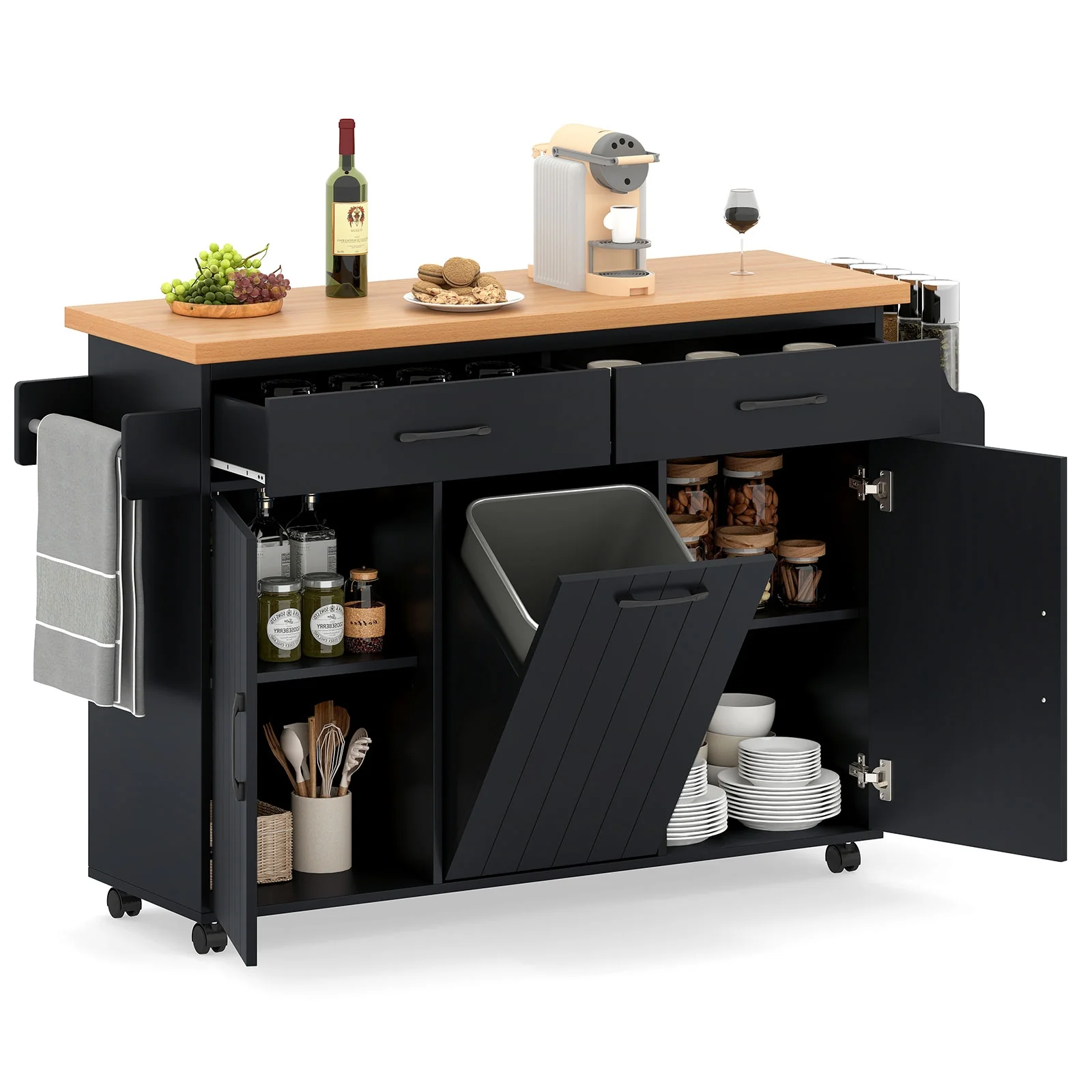 Mobile Kitchen Island Table With Trash Bag Storage, Black - Image 5