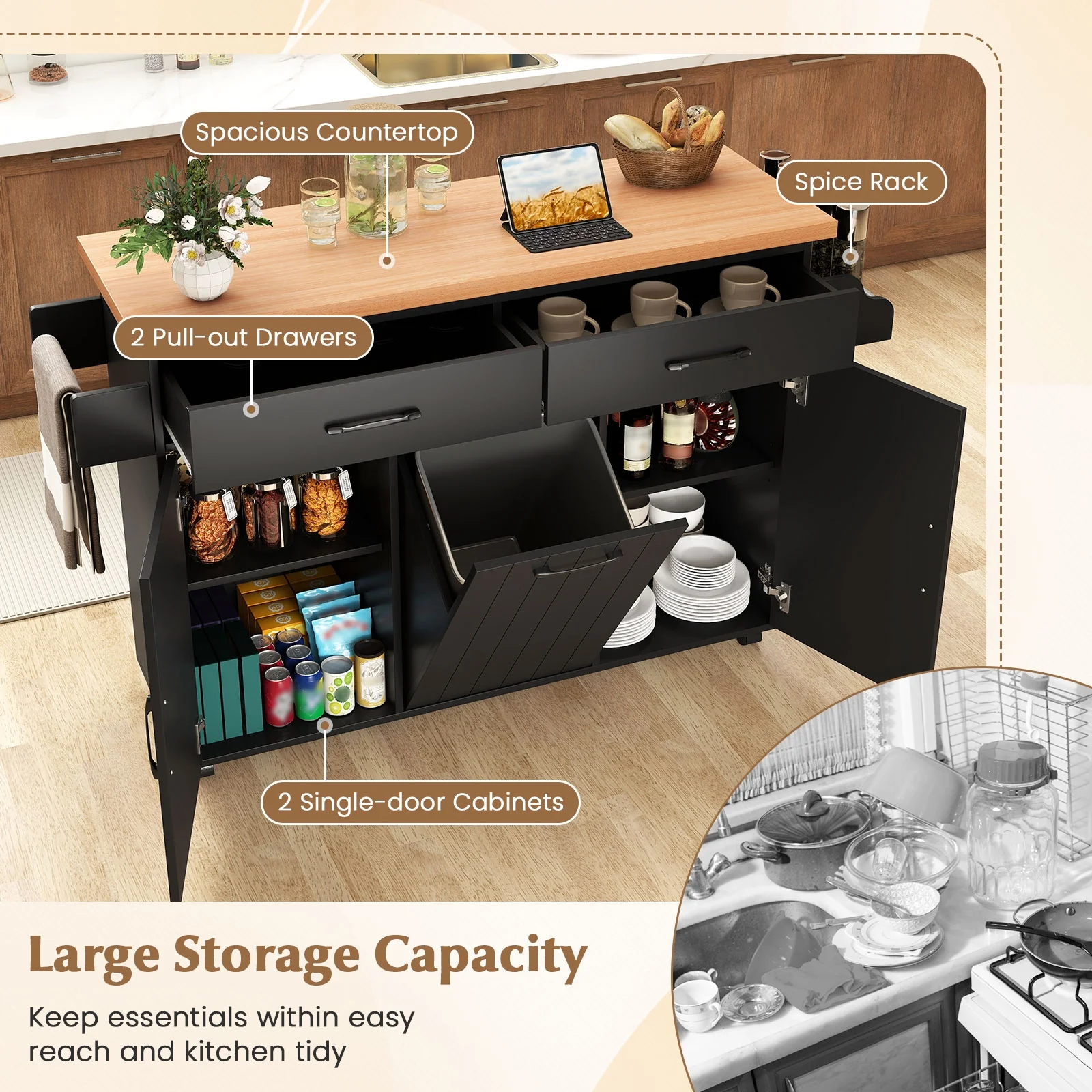Mobile Kitchen Island Table With Trash Bag Storage, Black - Image 7