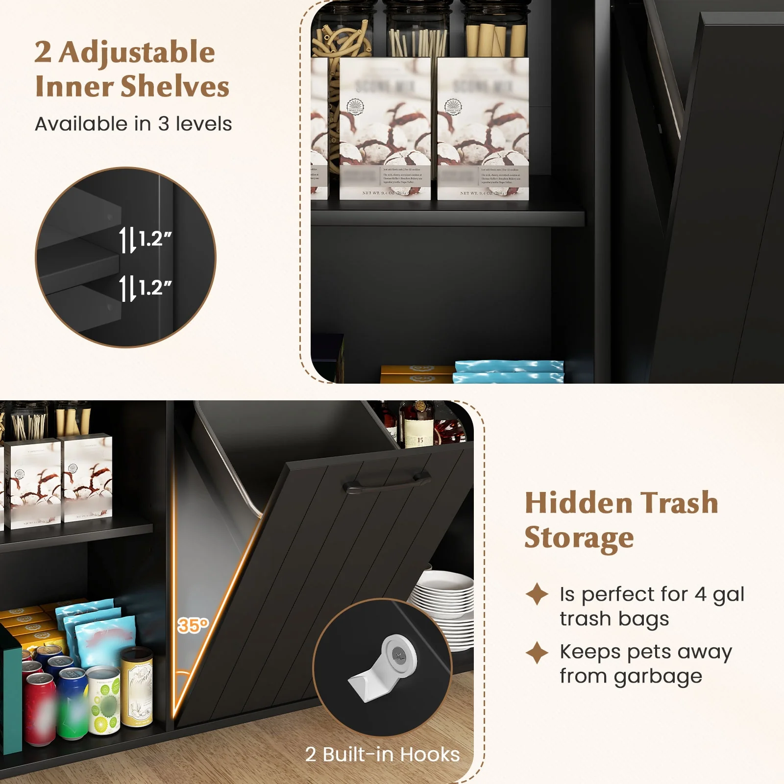 Mobile Kitchen Island Table With Trash Bag Storage, Black - Image 9