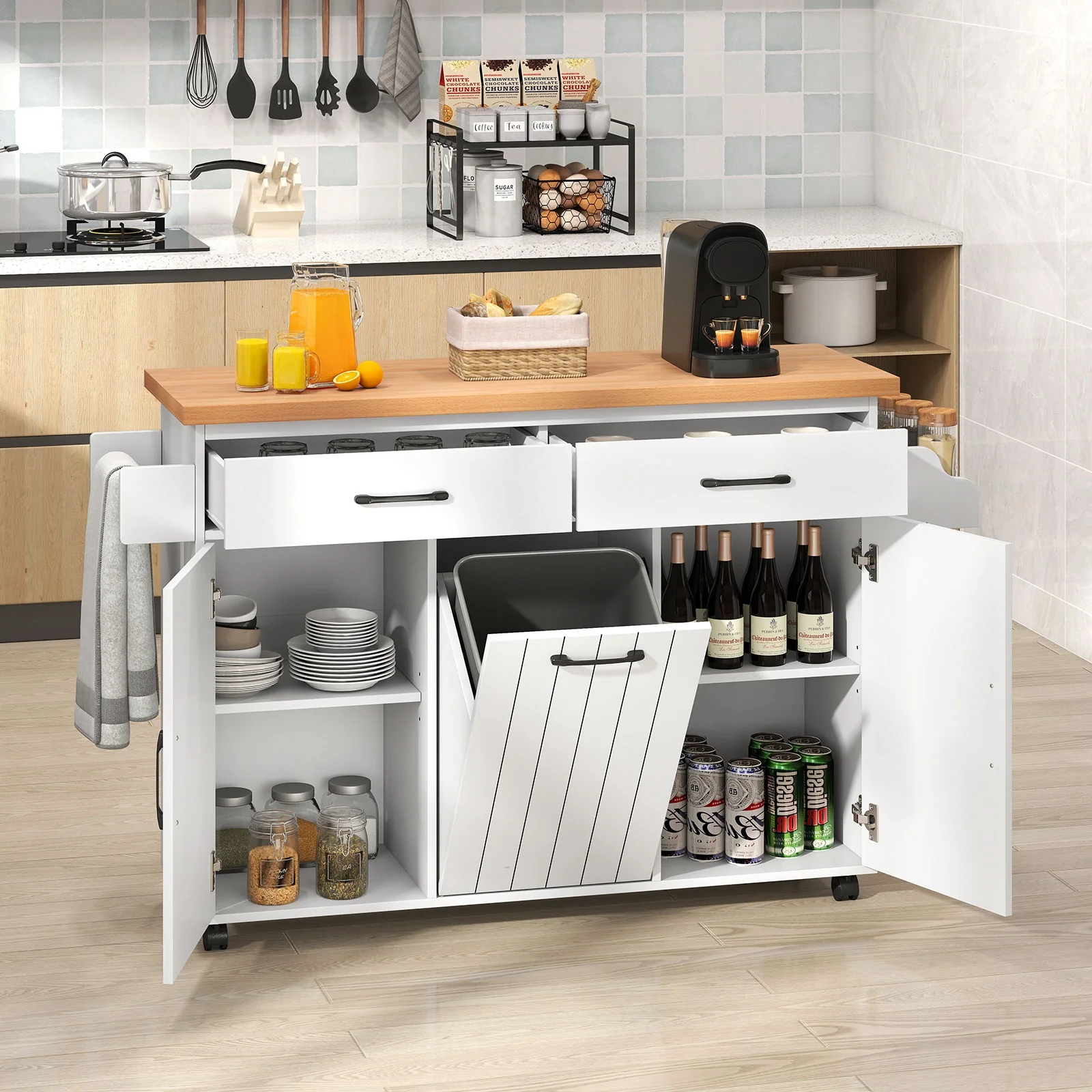 Mobile Kitchen Island Table, With Trash Bag Storage, White - Image 3