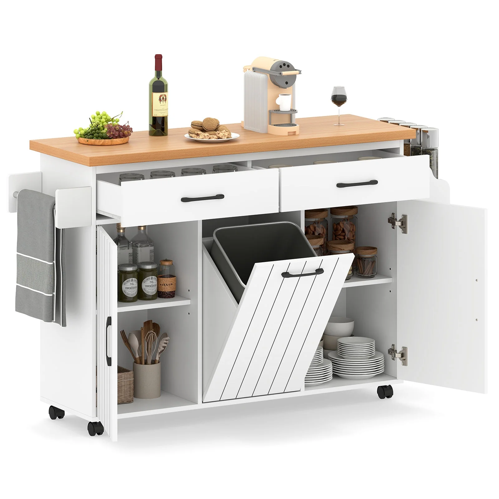 Mobile Kitchen Island Table, With Trash Bag Storage, White - Image 5