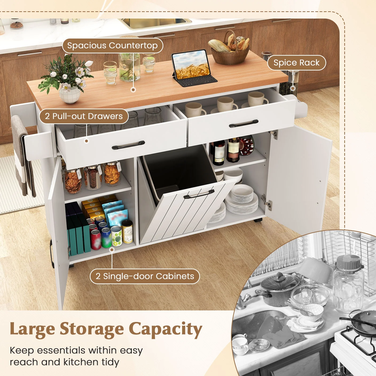 Mobile Kitchen Island Table, With Trash Bag Storage, White - Image 7