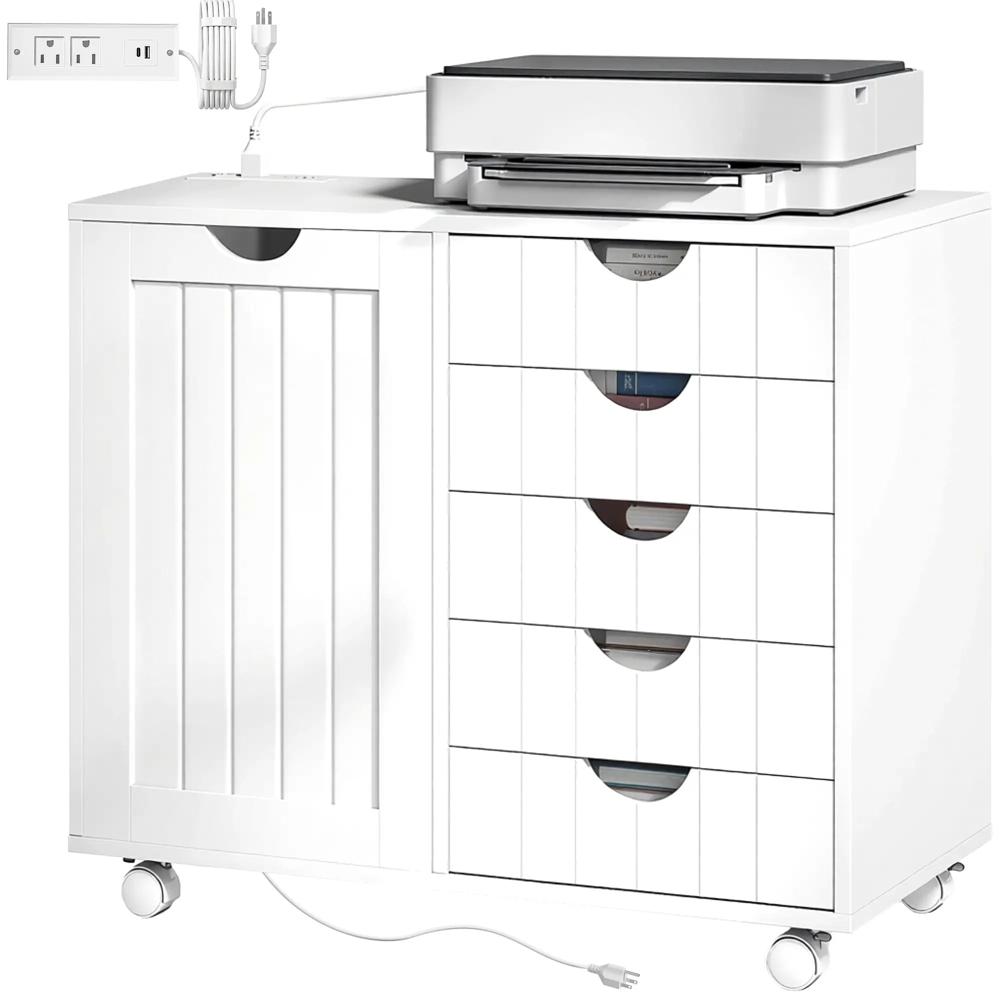 Mobile Lateral Filing Cabinet, 5 Drawers, Printer Stand, White