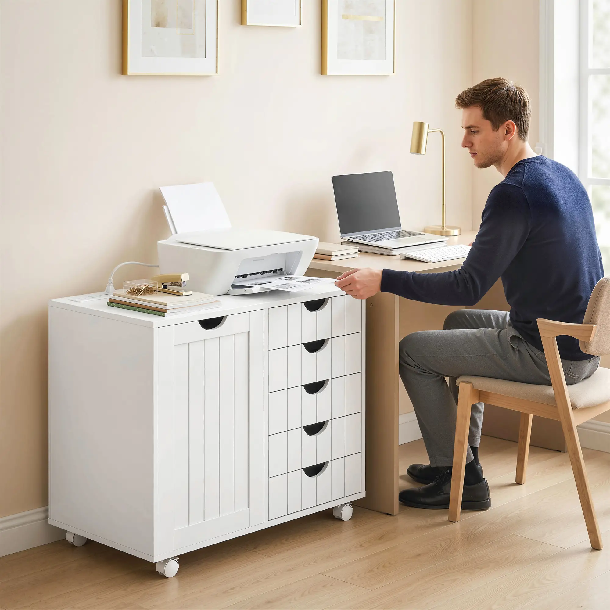 Mobile Lateral Filing Cabinet, 5 Drawers, Printer Stand, White - Image 10