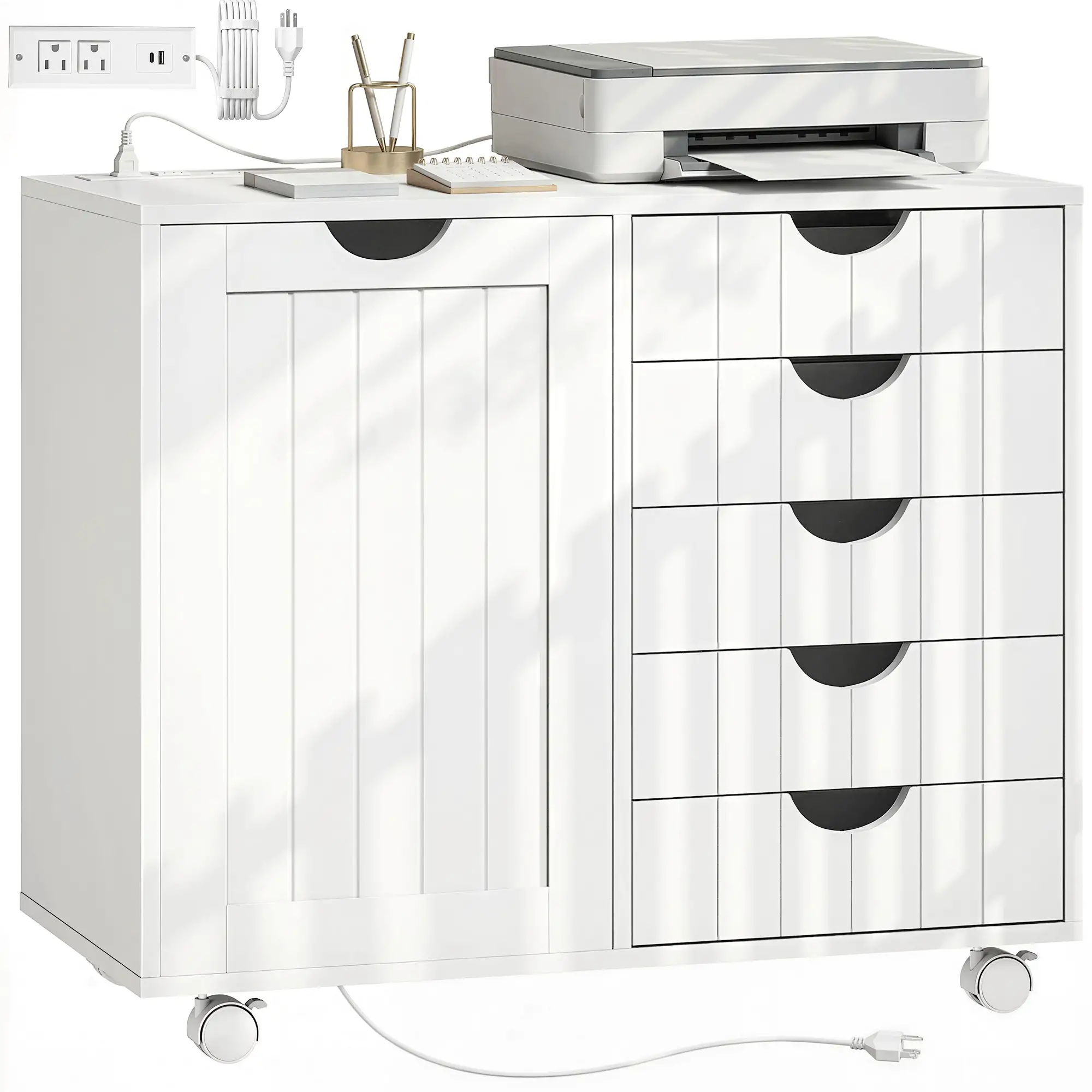 Mobile Lateral Filing Cabinet, 5 Drawers, Printer Stand, White - Image 11