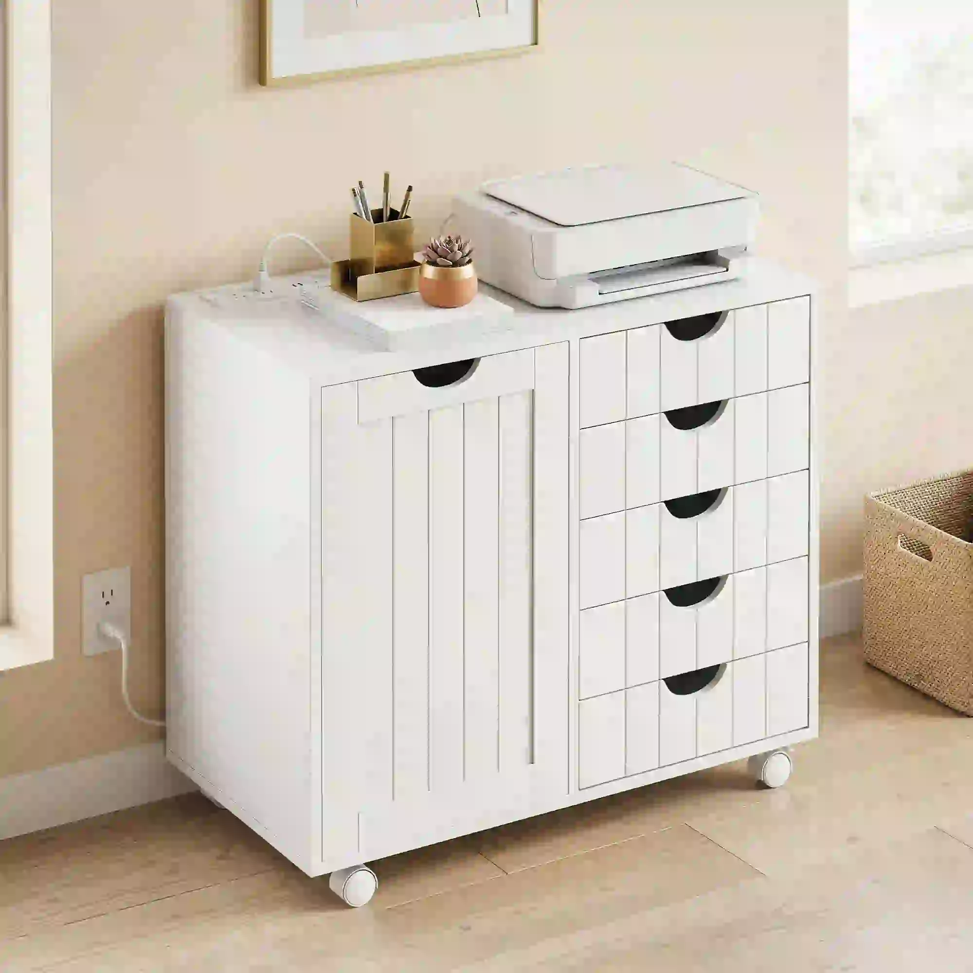 Mobile Lateral Filing Cabinet, 5 Drawers, Printer Stand, White - Image 2