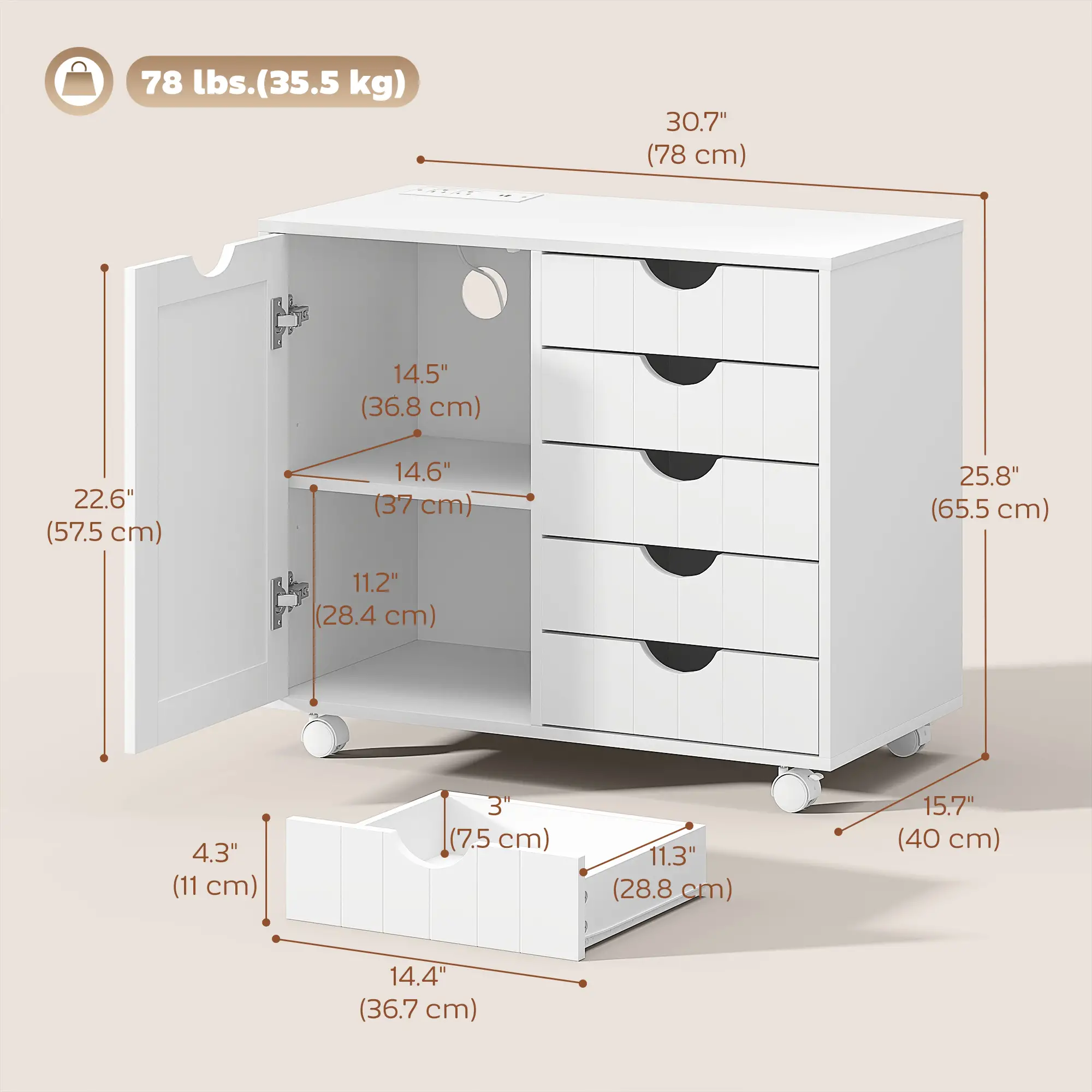 Mobile Lateral Filing Cabinet, 5 Drawers, Printer Stand, White - Image 3
