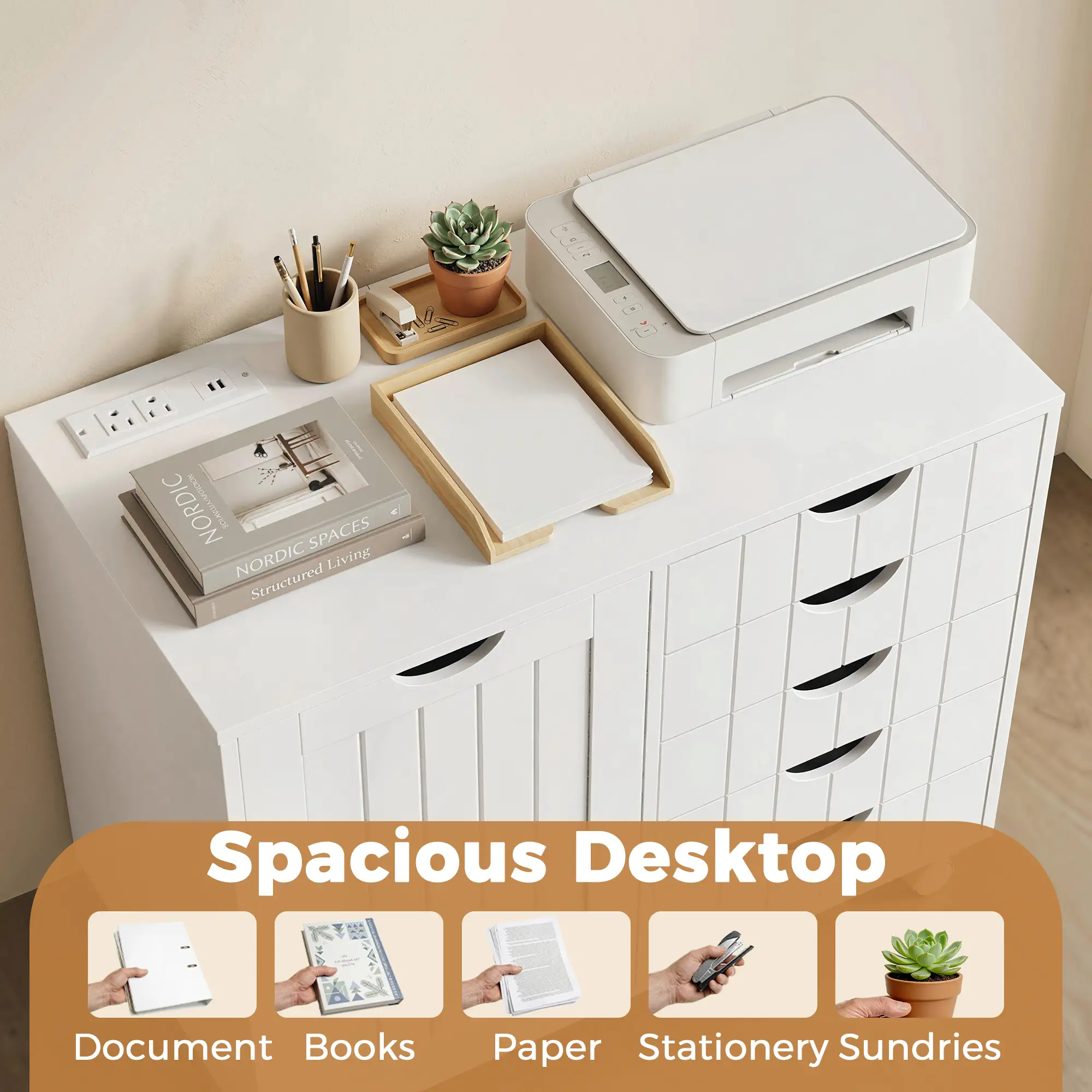 Mobile Lateral Filing Cabinet, 5 Drawers, Printer Stand, White - Image 5