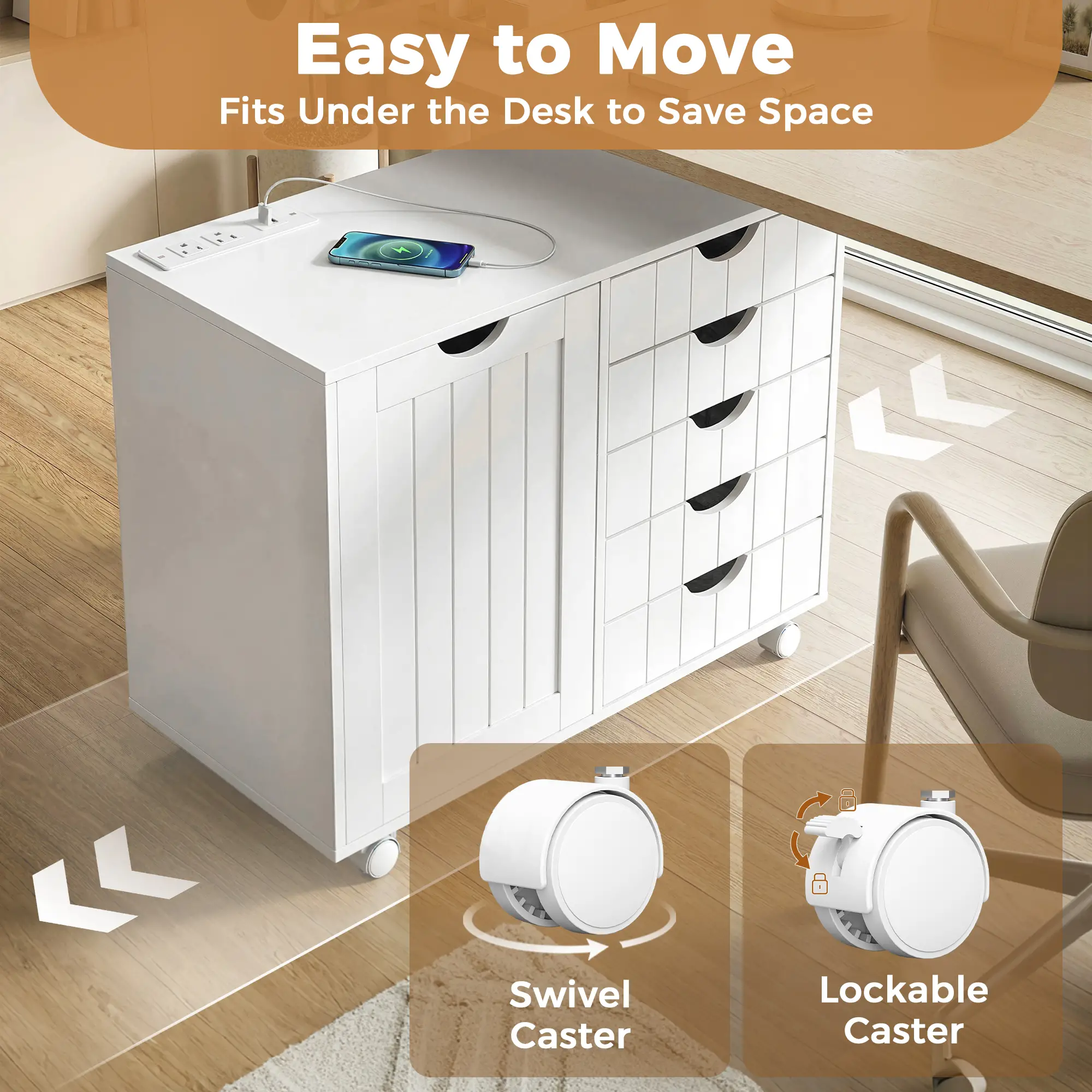 Mobile Lateral Filing Cabinet, 5 Drawers, Printer Stand, White - Image 7