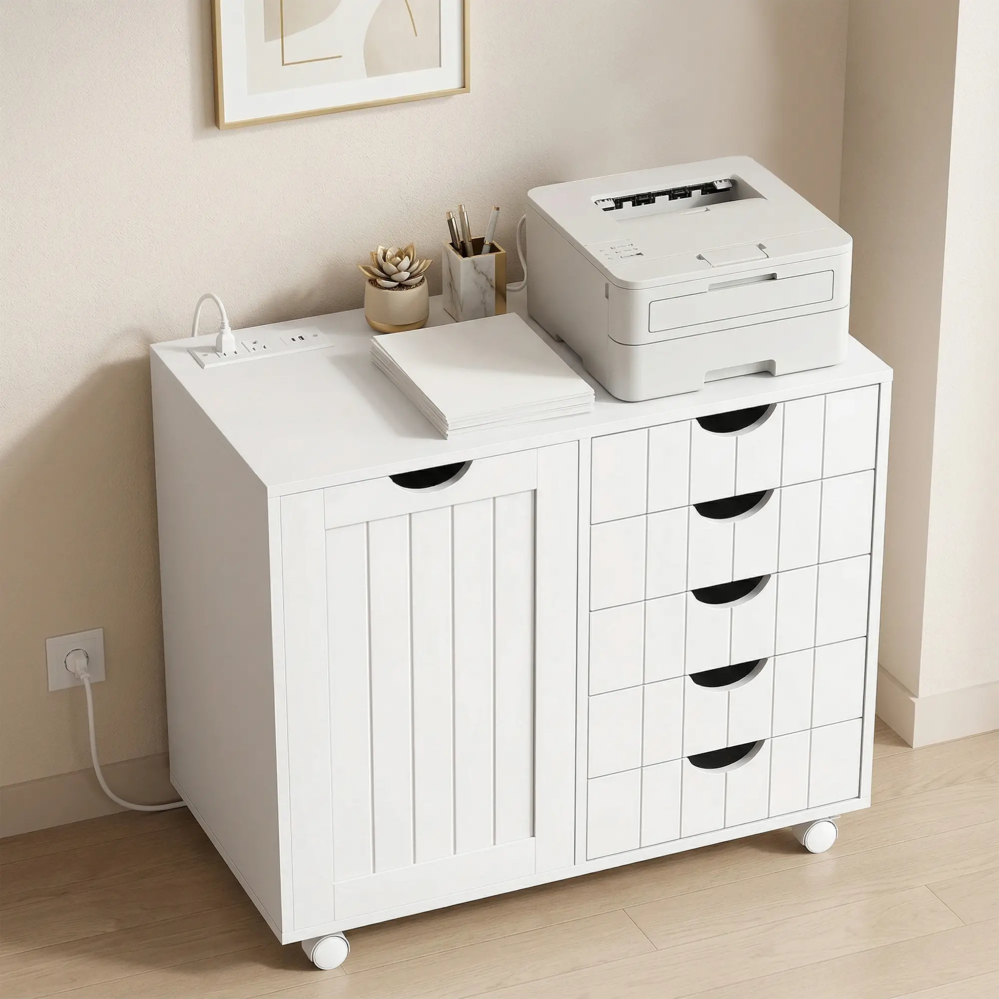 Mobile Lateral Filing Cabinet, 5 Drawers, Printer Stand, White - Image 8