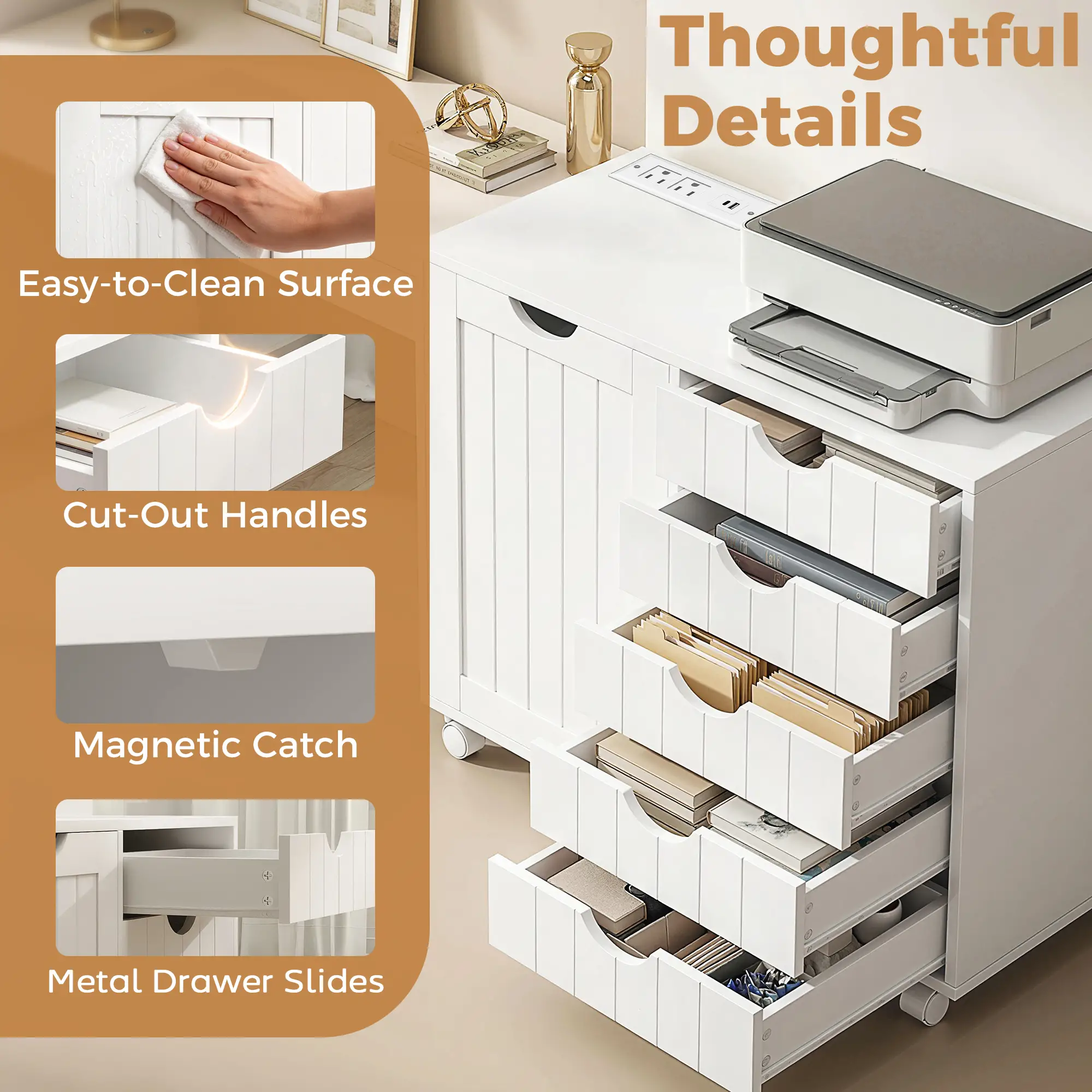 Mobile Lateral Filing Cabinet, 5 Drawers, Printer Stand, White - Image 9