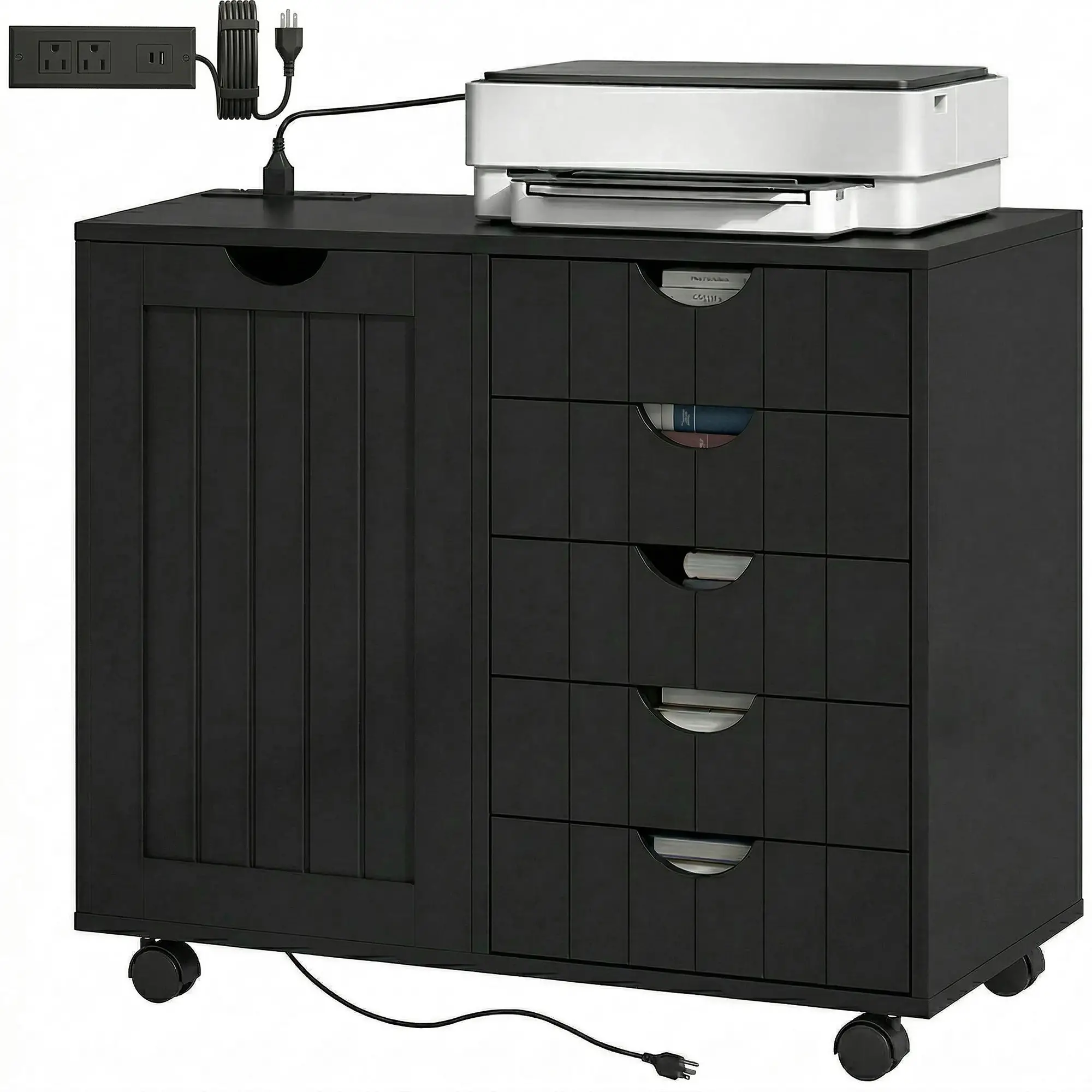 Mobile Lateral Filing Cabinet with 5 Drawers, Printer Stand, Black