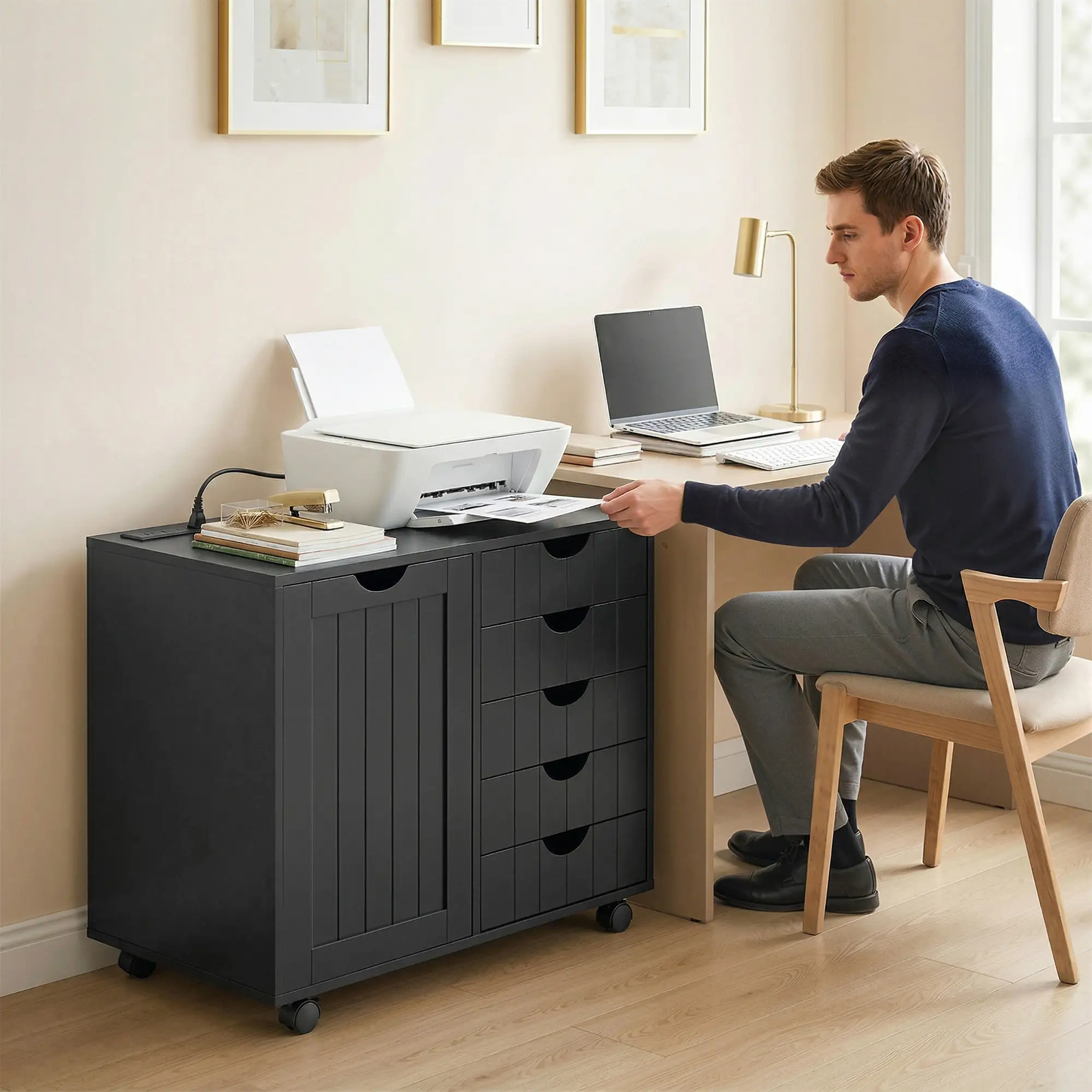 Mobile Lateral Filing Cabinet with 5 Drawers, Printer Stand, Black - Image 10