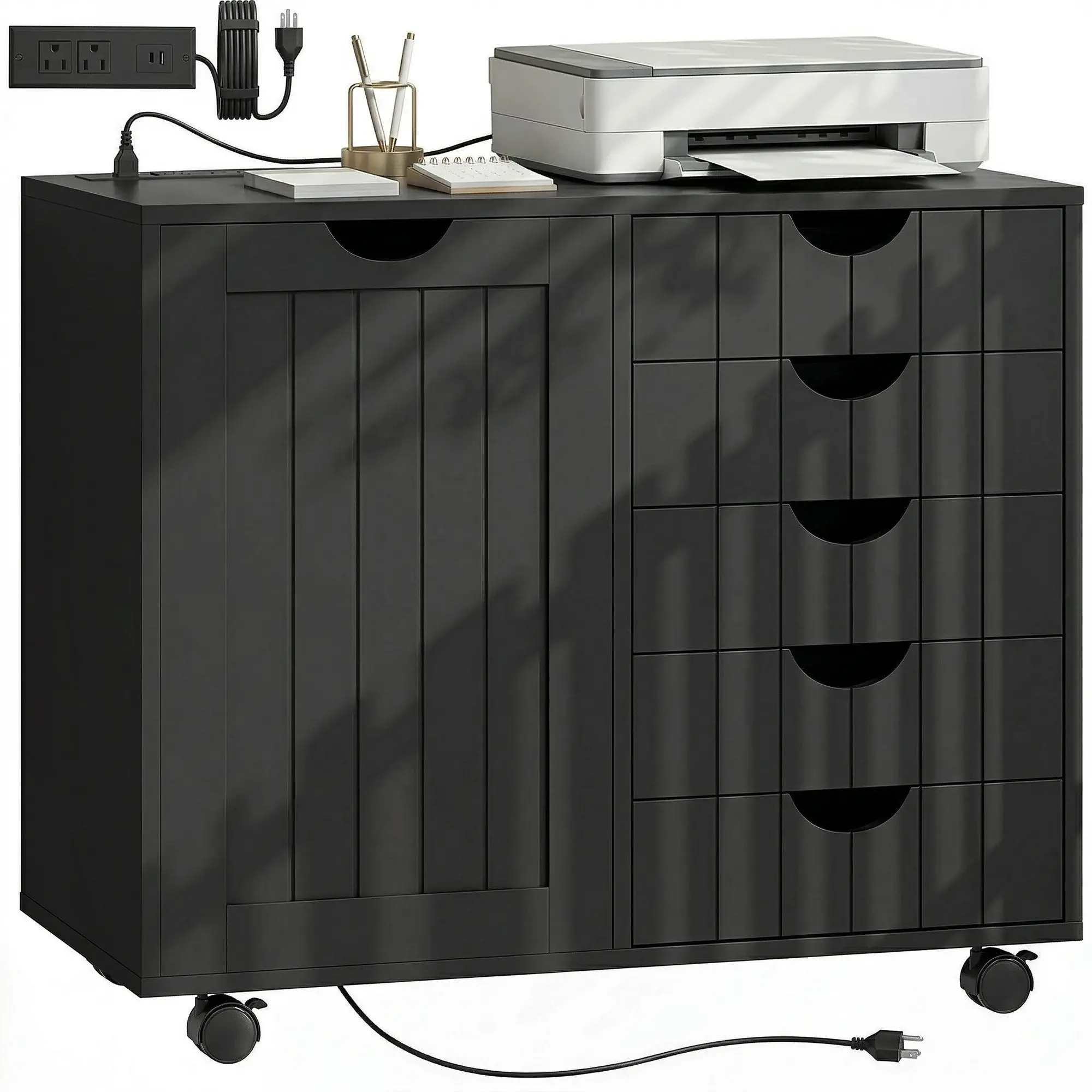 Mobile Lateral Filing Cabinet with 5 Drawers, Printer Stand, Black - Image 11