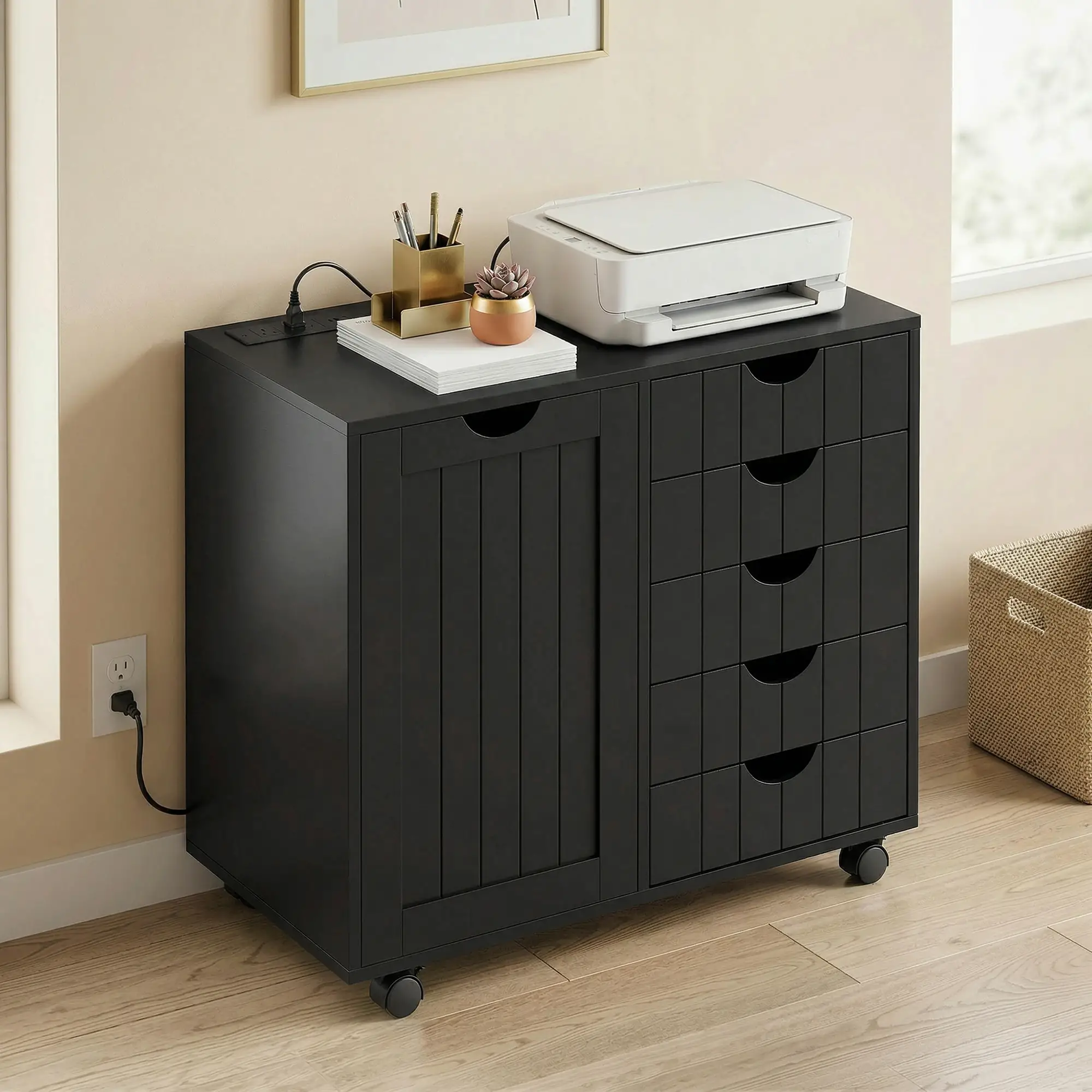 Mobile Lateral Filing Cabinet with 5 Drawers, Printer Stand, Black - Image 2