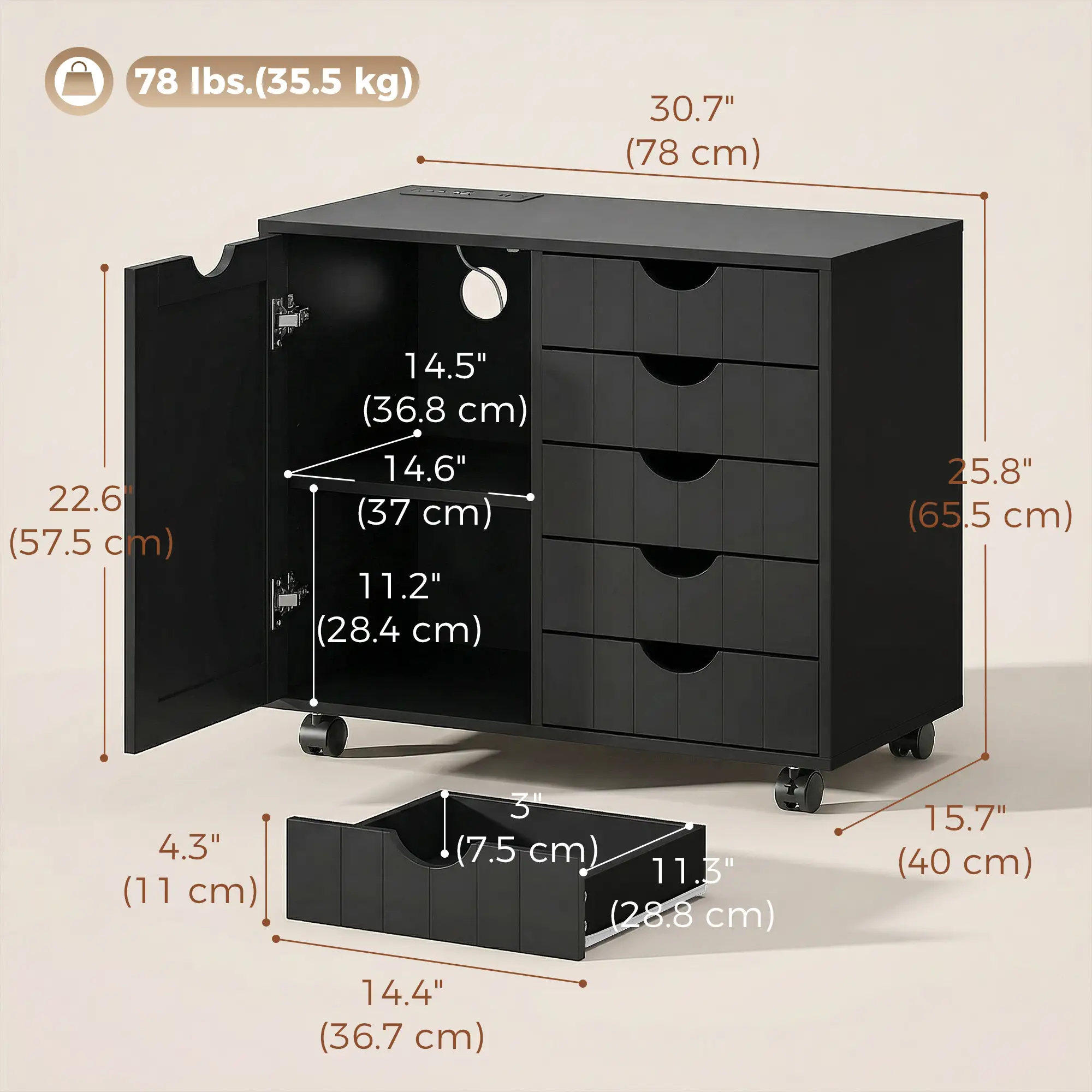 Mobile Lateral Filing Cabinet with 5 Drawers, Printer Stand, Black - Image 3