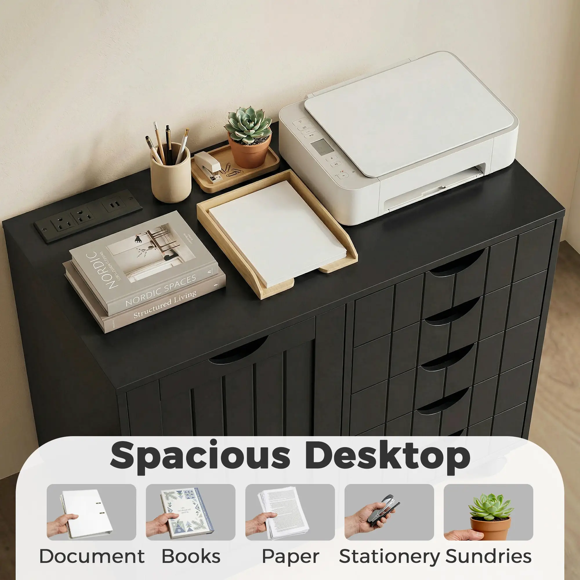 Mobile Lateral Filing Cabinet with 5 Drawers, Printer Stand, Black - Image 5