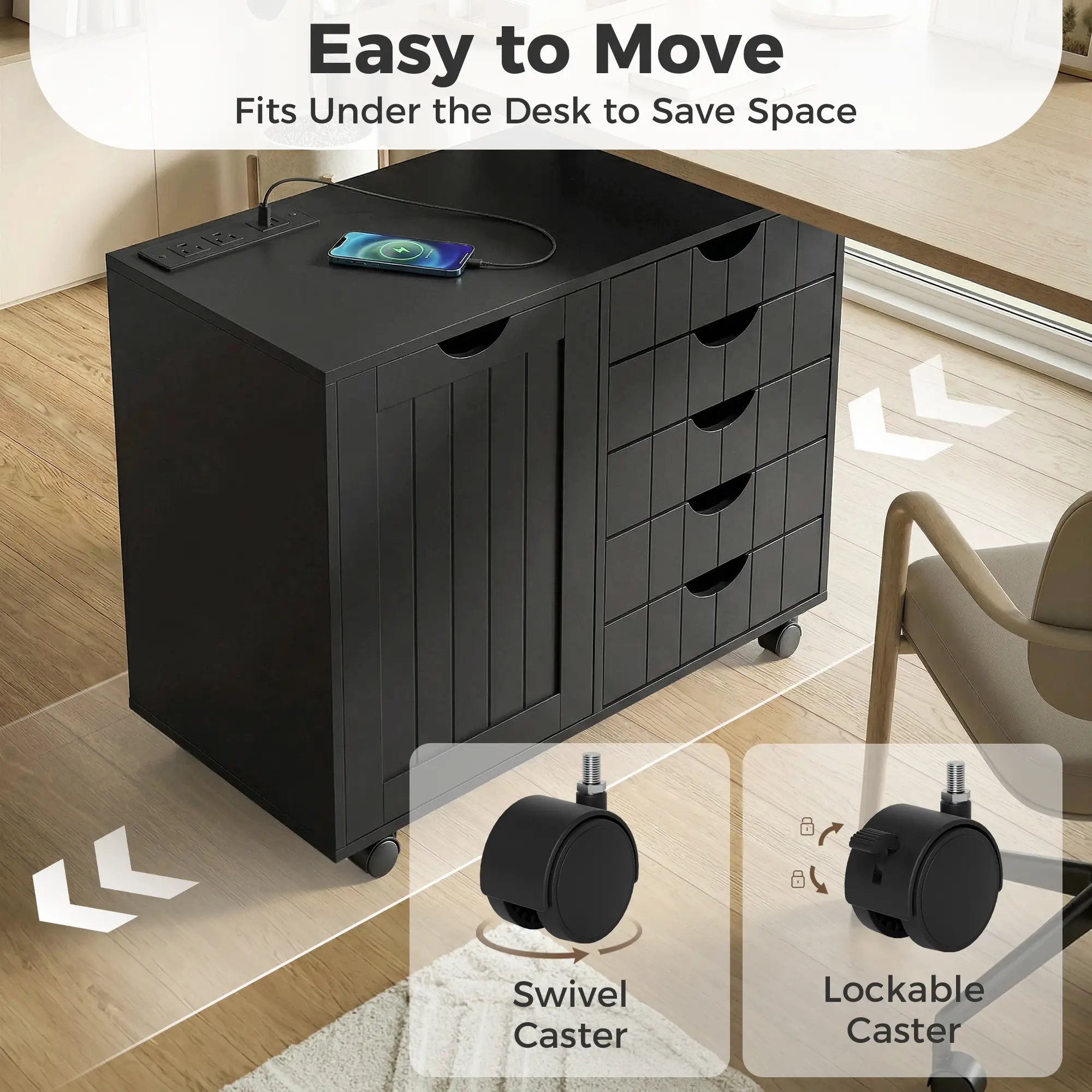 Mobile Lateral Filing Cabinet with 5 Drawers, Printer Stand, Black - Image 7