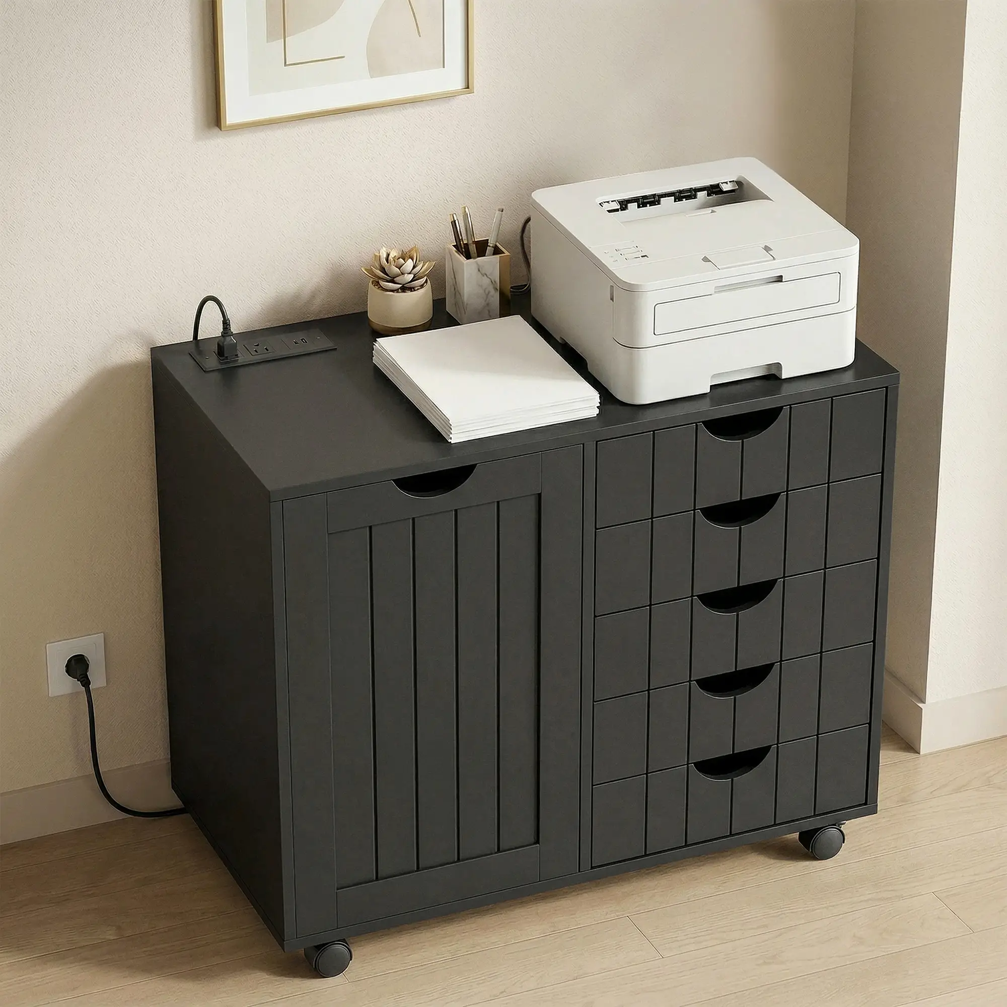 Mobile Lateral Filing Cabinet with 5 Drawers, Printer Stand, Black - Image 8